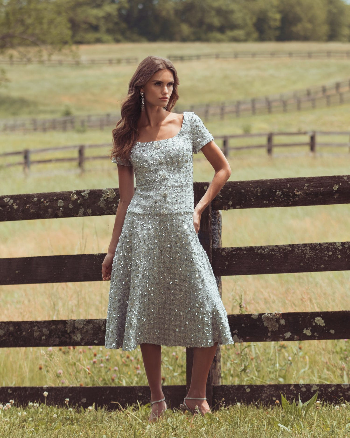 Platinum Sequin Button Up Boucle Midi Dress - Mac Duggal