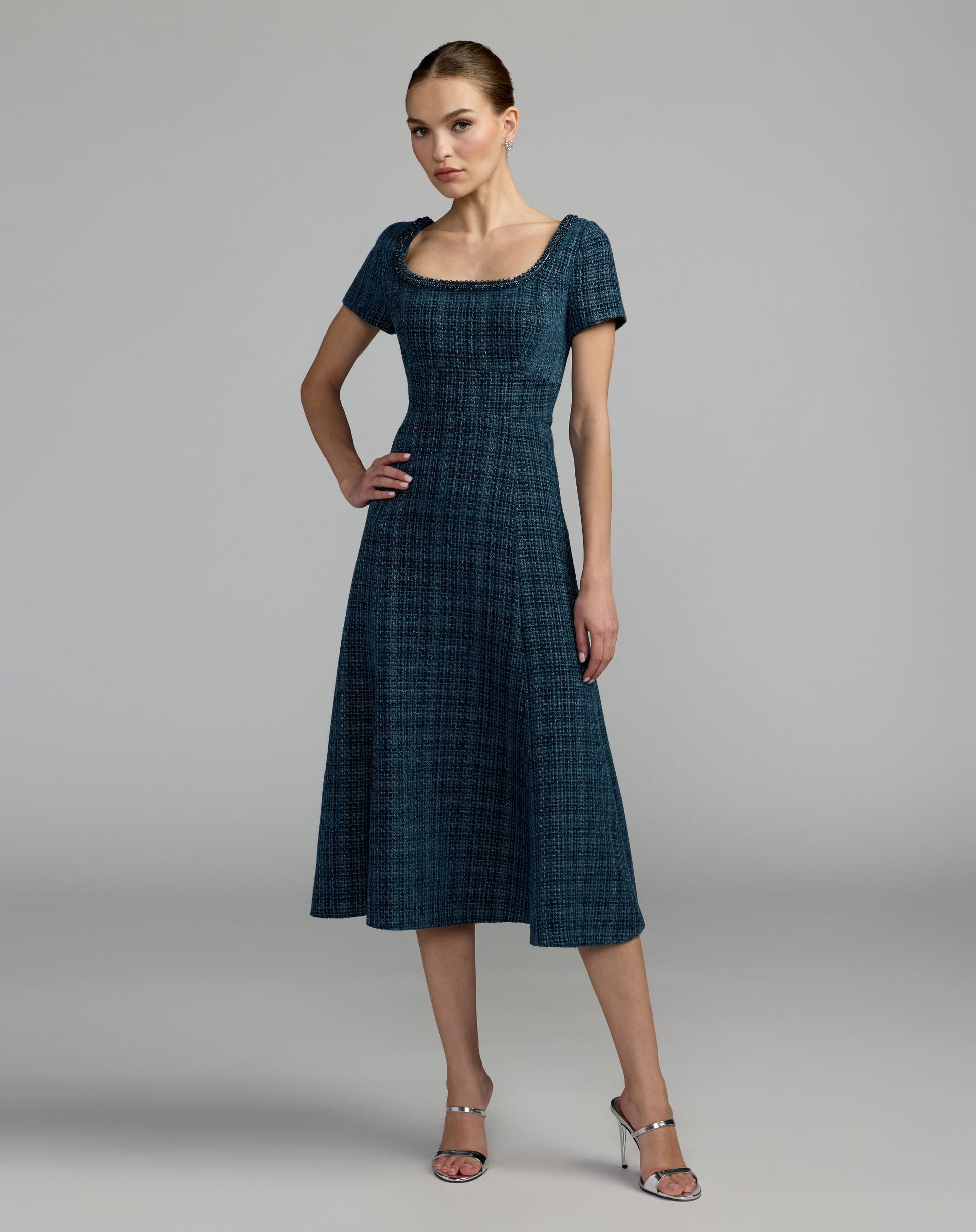 Blue Short Sleeve Embellished Boucle Midi Dress - Mac Duggal