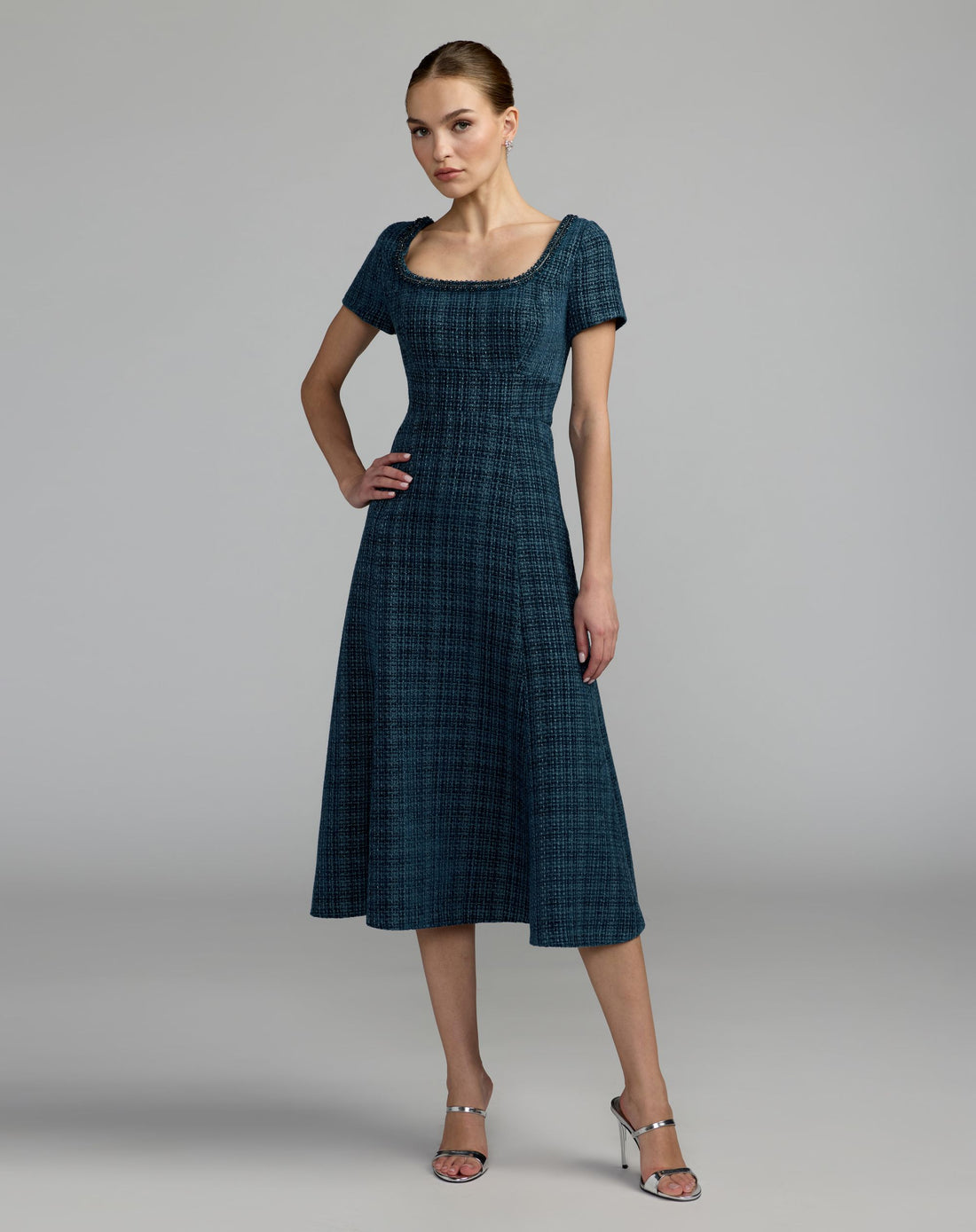 Blue Short Sleeve Embellished Boucle Midi Dress - Mac Duggal