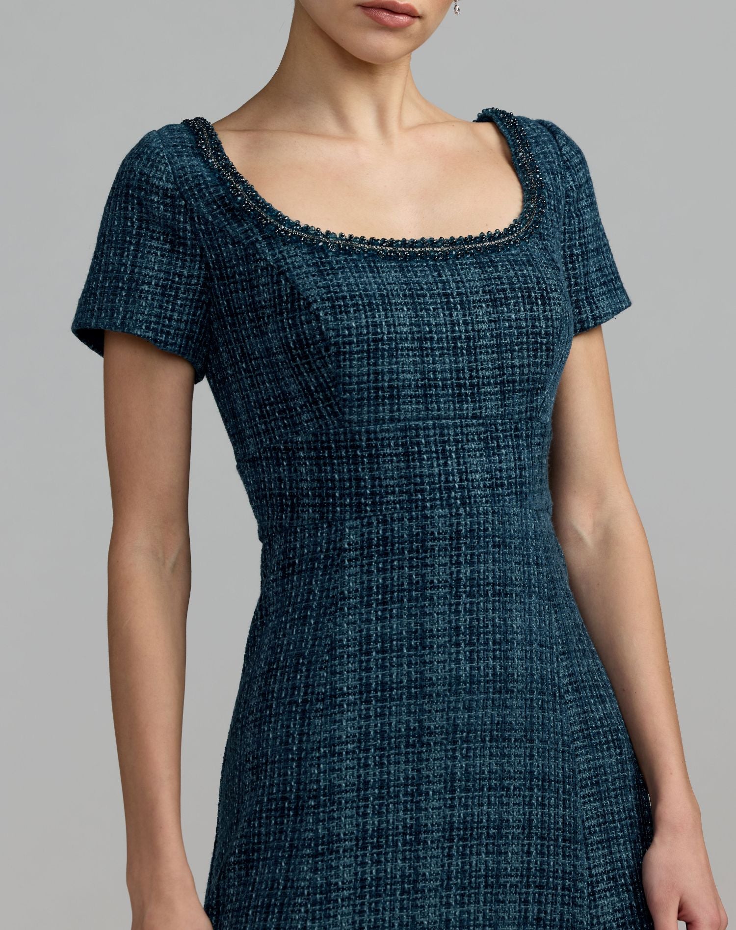 Blue Short Sleeve Embellished Boucle Midi Dress - Mac Duggal
