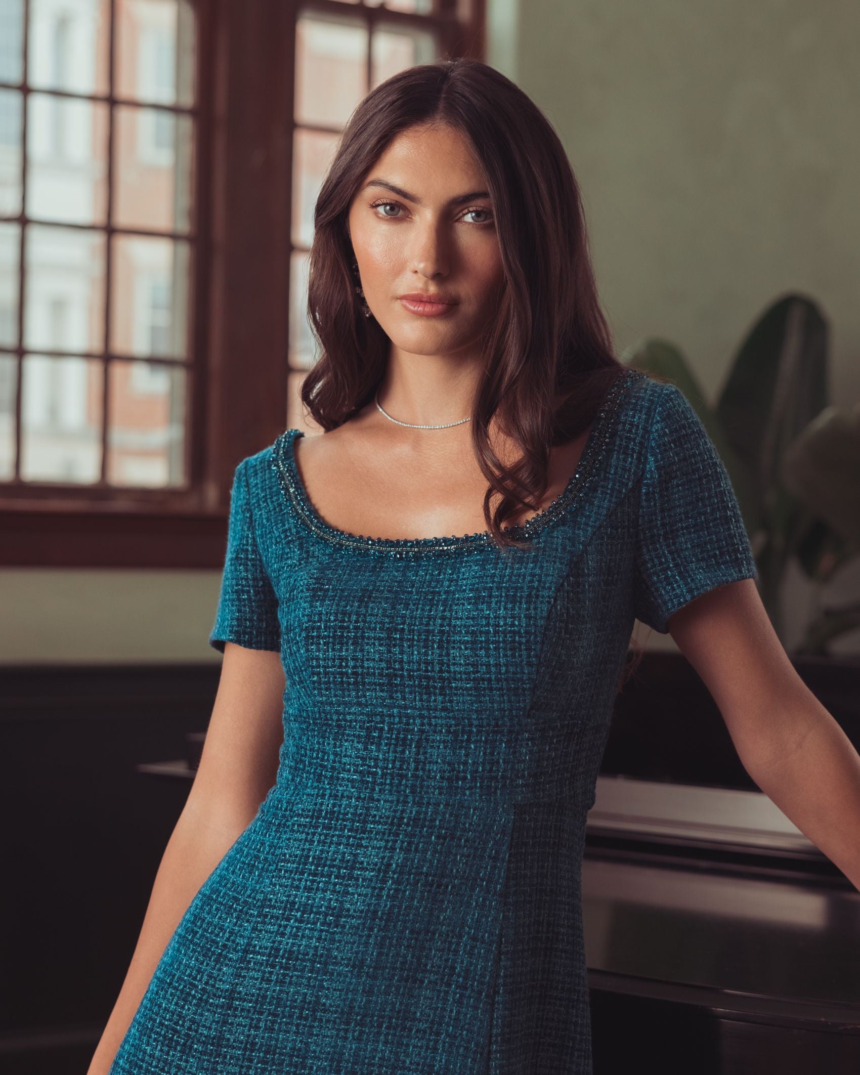 Blue Short Sleeve Embellished Boucle Midi Dress - Mac Duggal