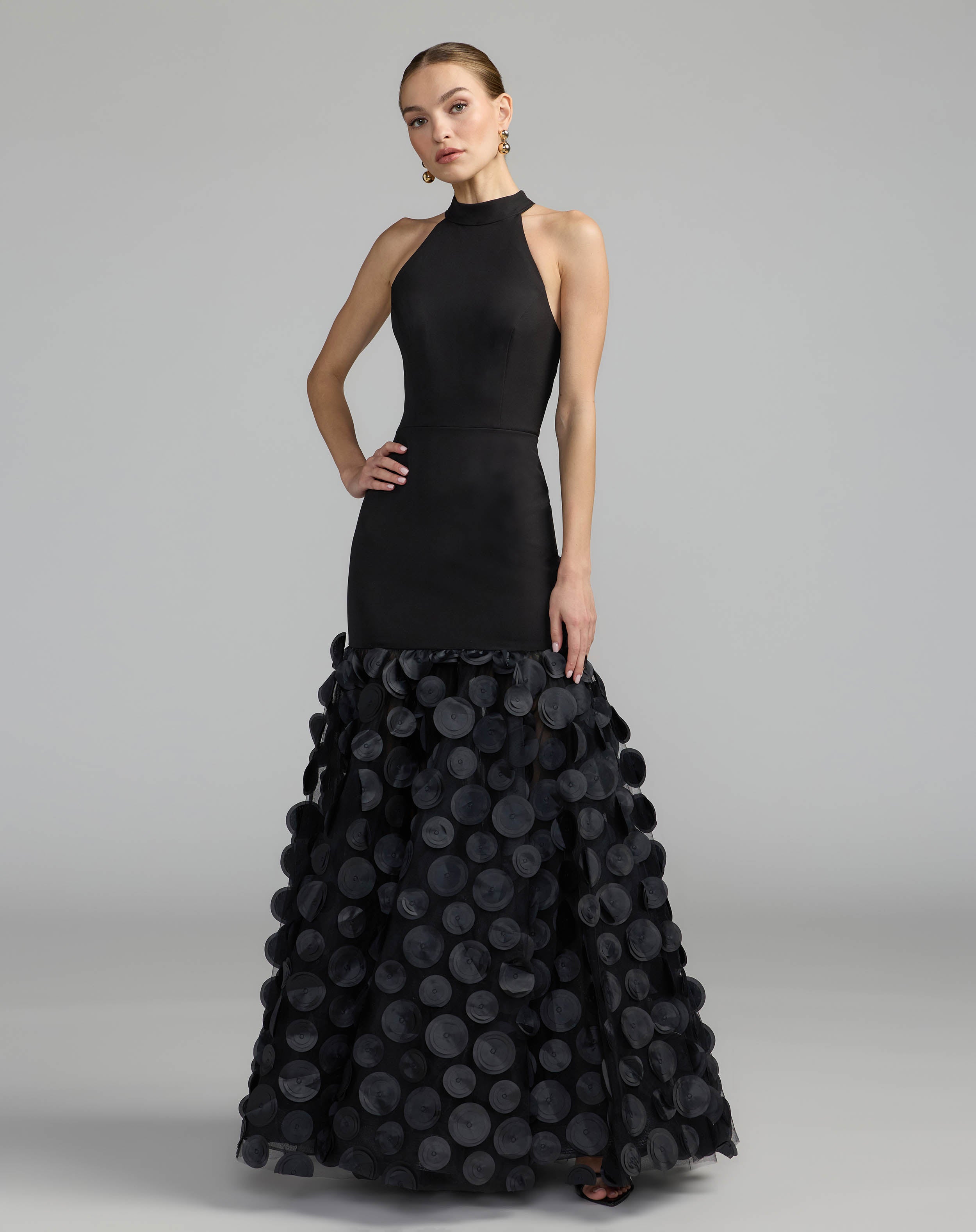 Black Halter Neck 3D Floral Hem Gown Mac Duggal