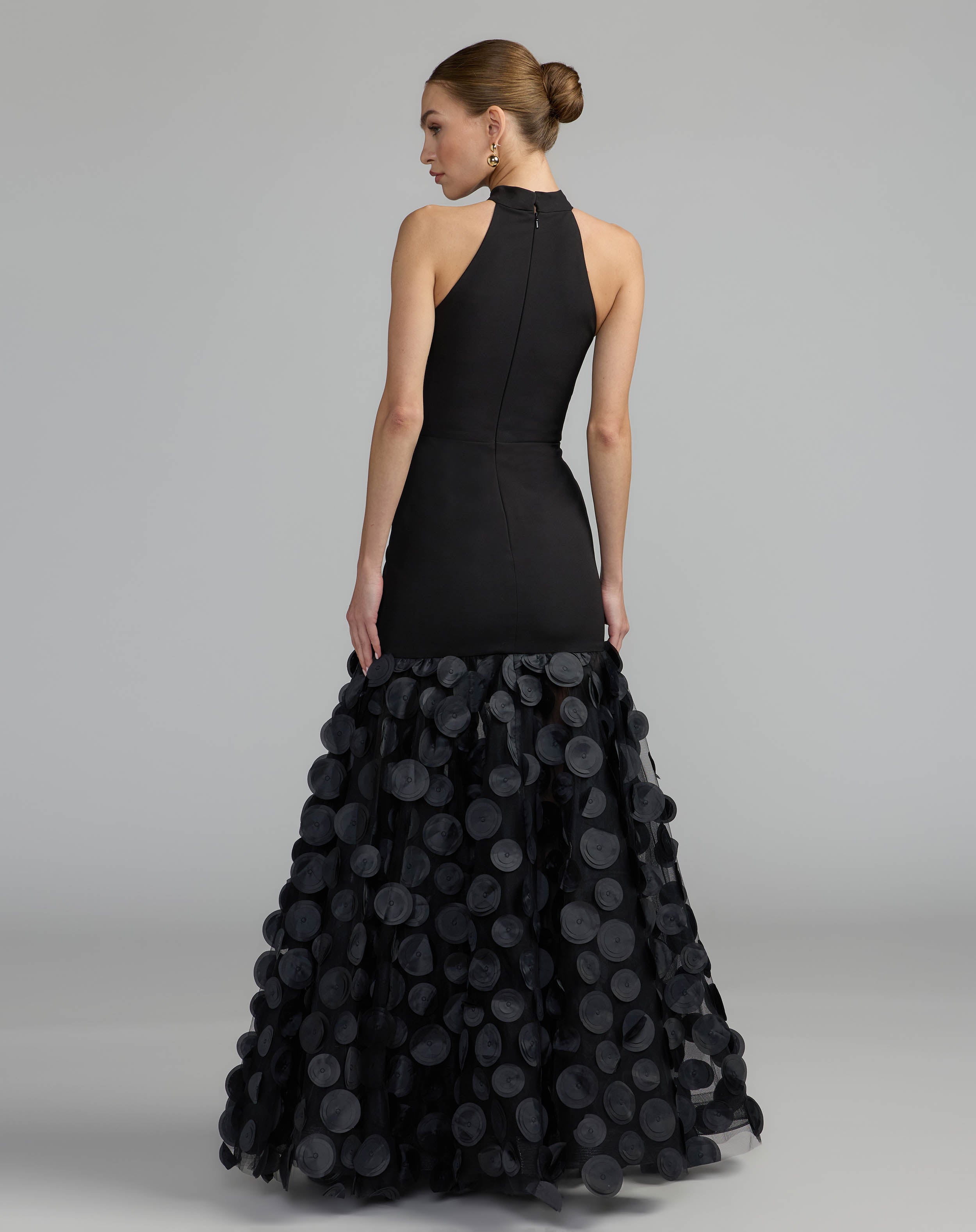 Black Halter Neck 3D Floral Hem Gown Mac Duggal