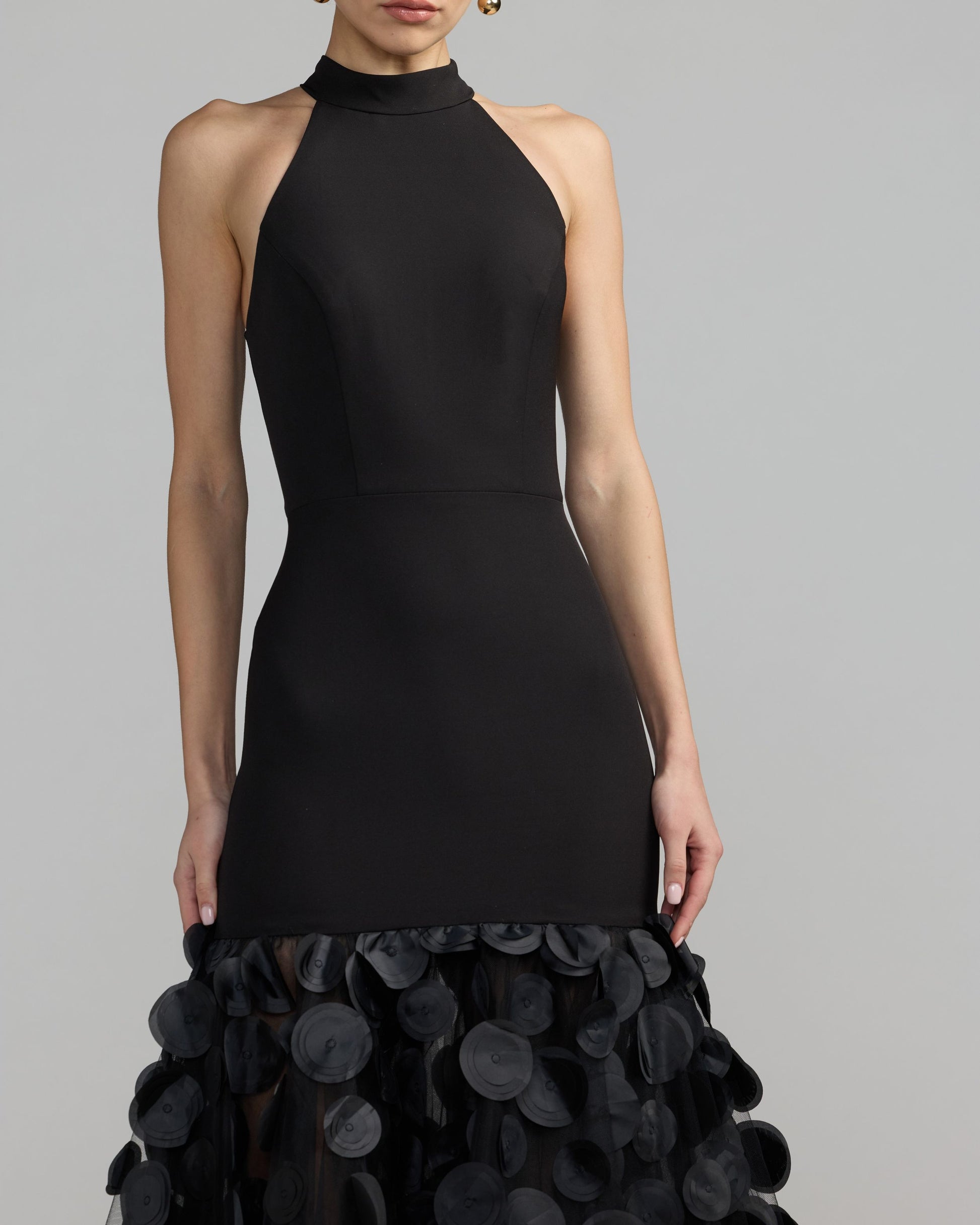 Black Halter Neck 3D Floral Hem Gown Mac Duggal