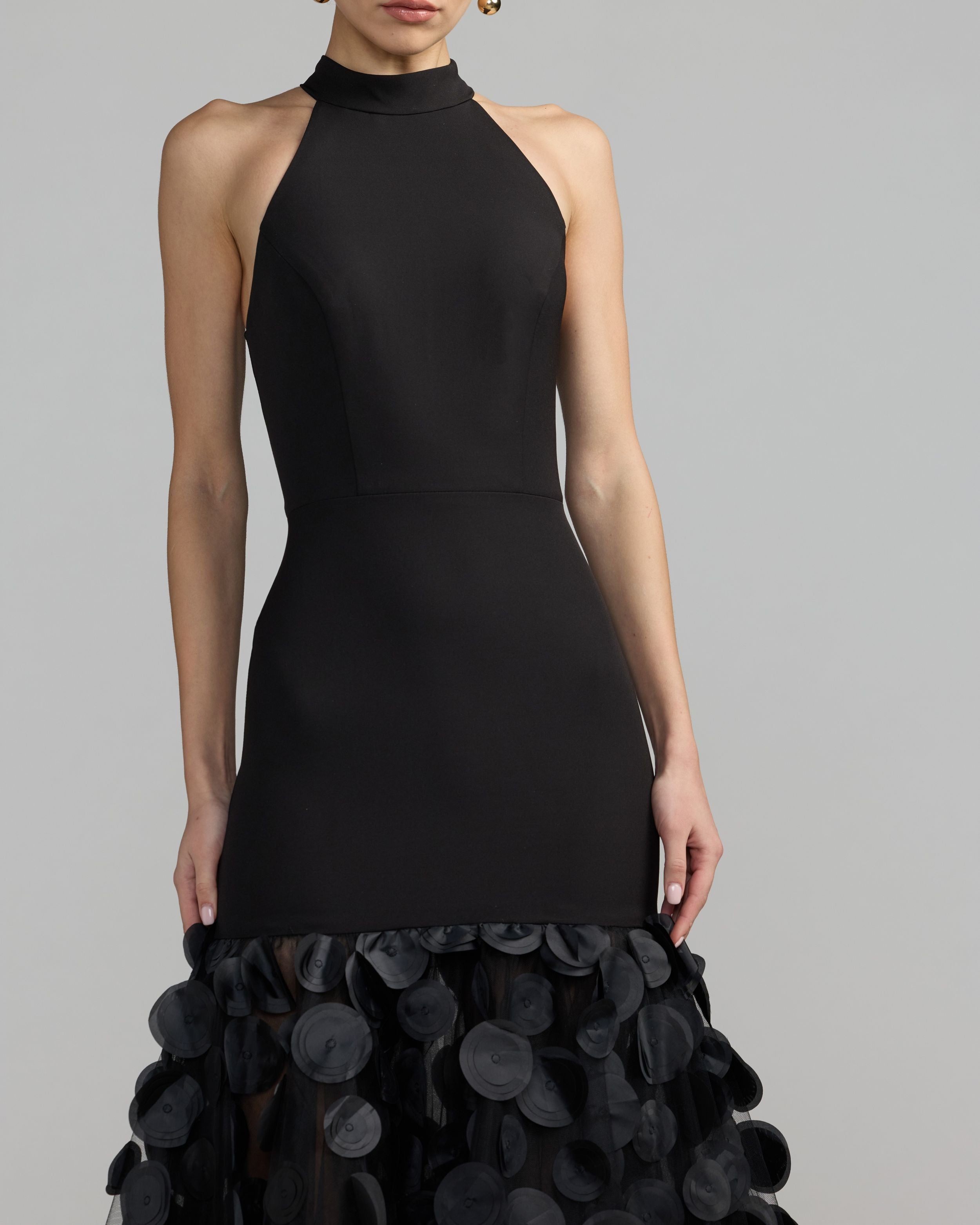 Black Halter Neck 3D Floral Hem Gown Mac Duggal
