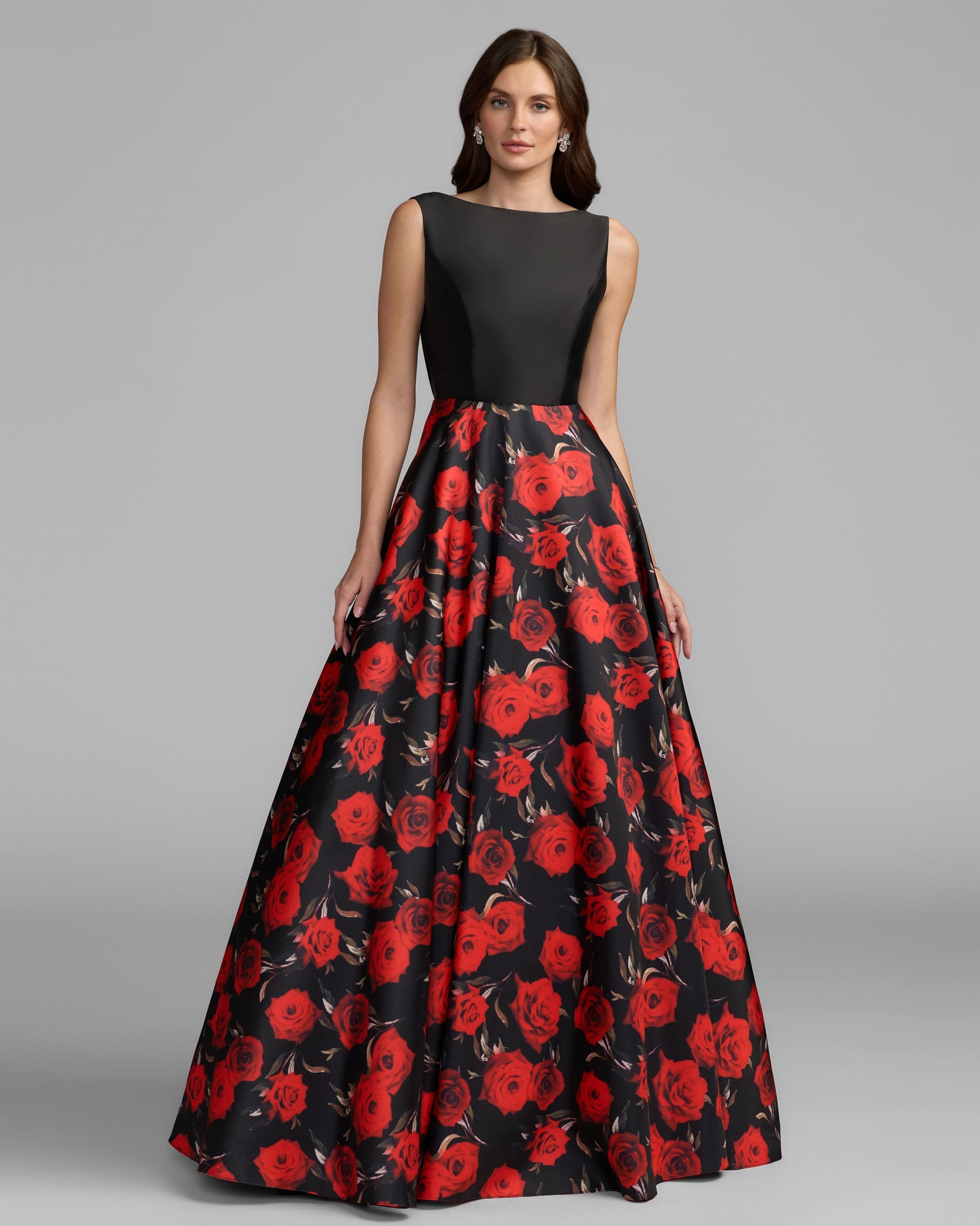 Black And Red Floral Open Back Ball Gown Ieena for Mac Duggal