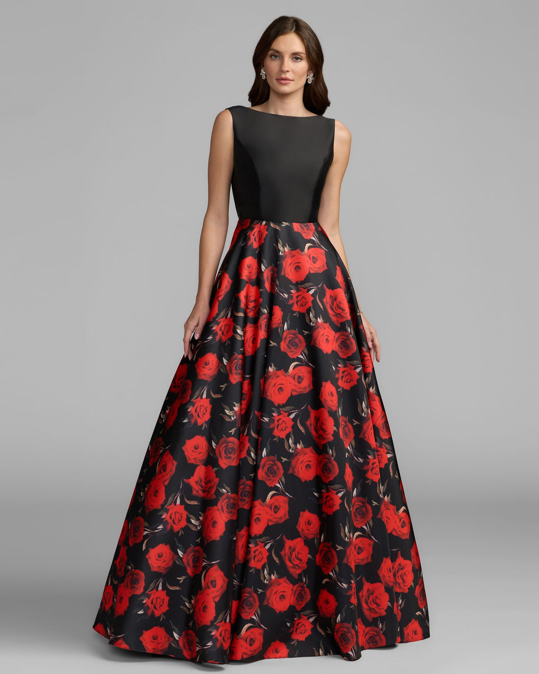 Black And Red Floral Open Back Ball Gown Ieena for Mac Duggal