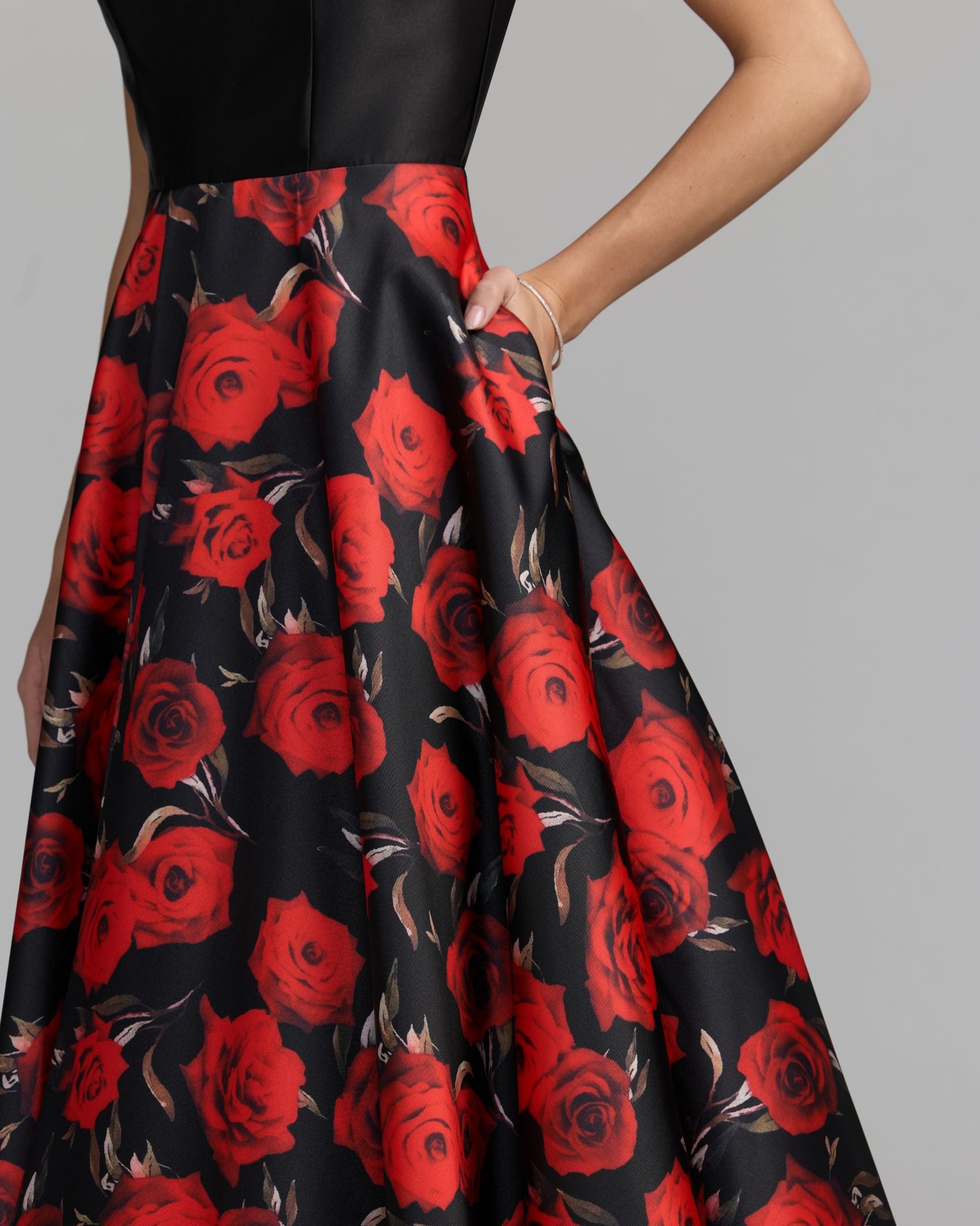 Black And Red Floral Open Back Ball Gown Ieena for Mac Duggal