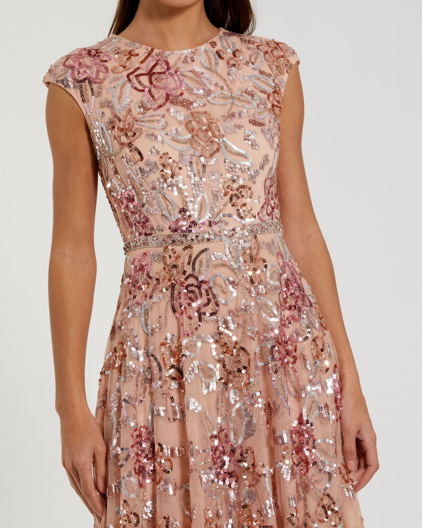 Orange Sequin High Neck Cap Sleeve A Line Gown Mac Duggal