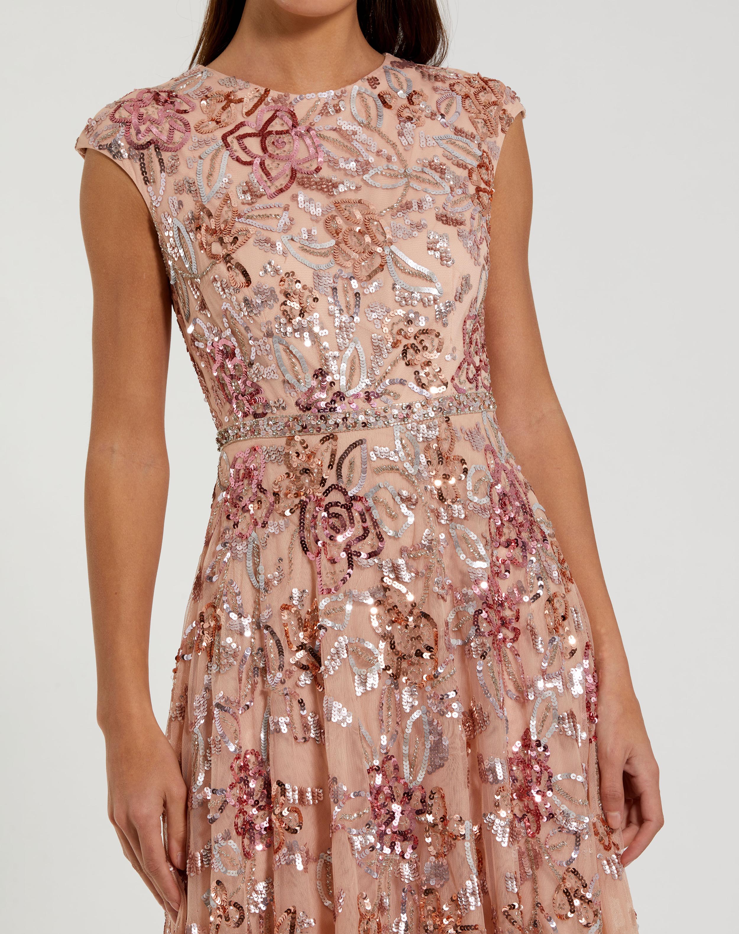 Orange Sequin High Neck Cap Sleeve A Line Gown Mac Duggal