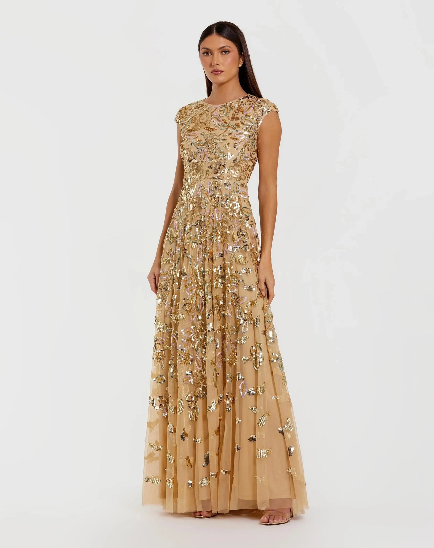 Mac Duggal - Gold Sequin High Neck Cap Sleeve A Line Gown - US 18 Mac Duggal - Gold Sequin High Neck Cap Sleeve A Line Gown - US 18