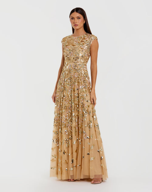Gold Sequin High Neck Cap Sleeve A Line Gown - Mac Duggal