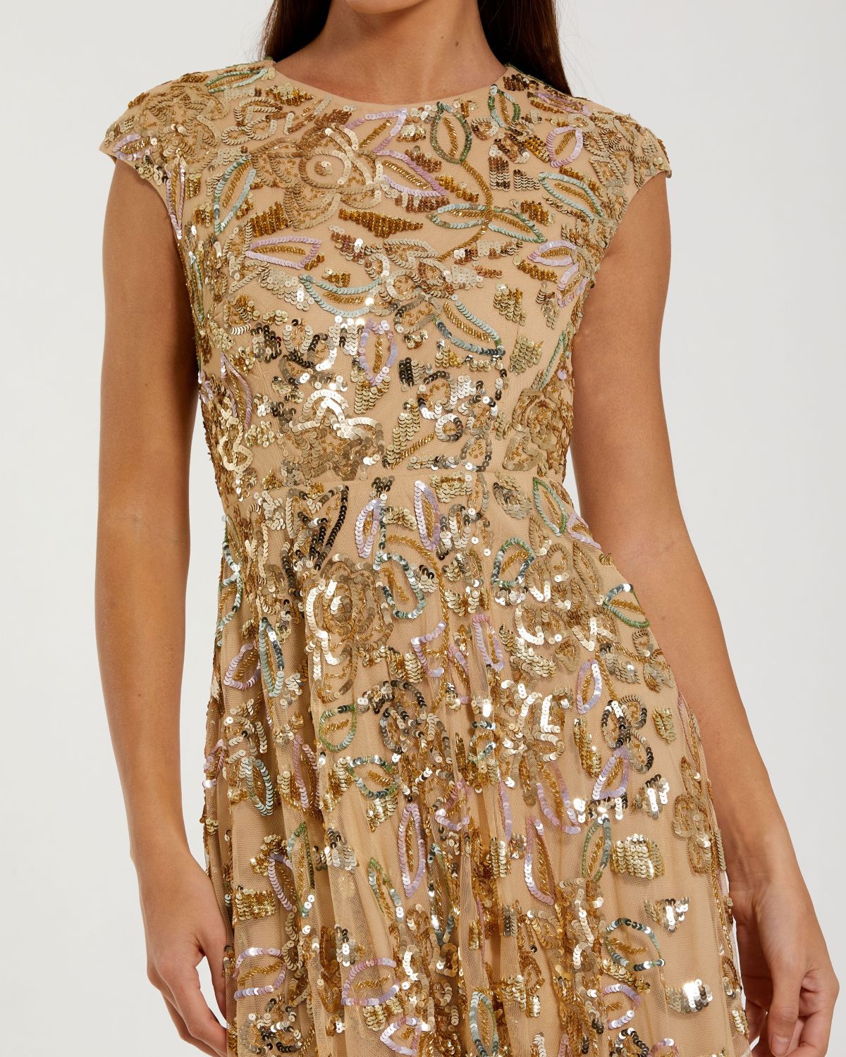 Gold Sequin High Neck Cap Sleeve A Line Gown - Mac Duggal