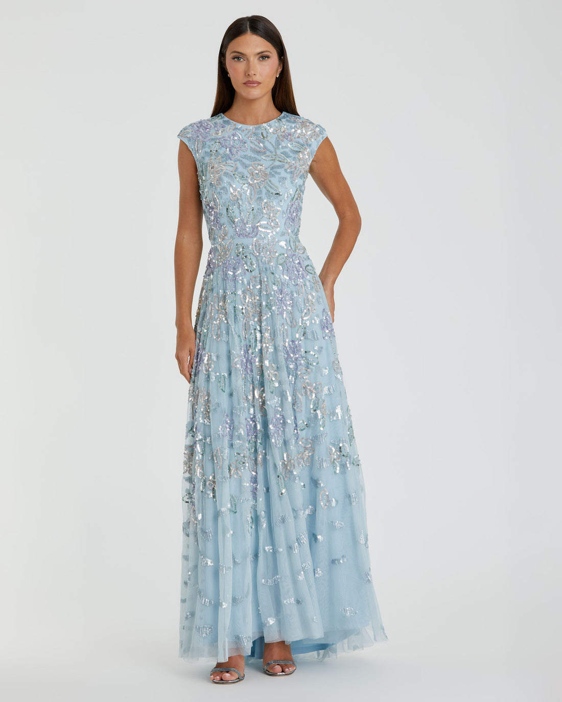 Sequined High Neck Cap Sleeve A Line Gown