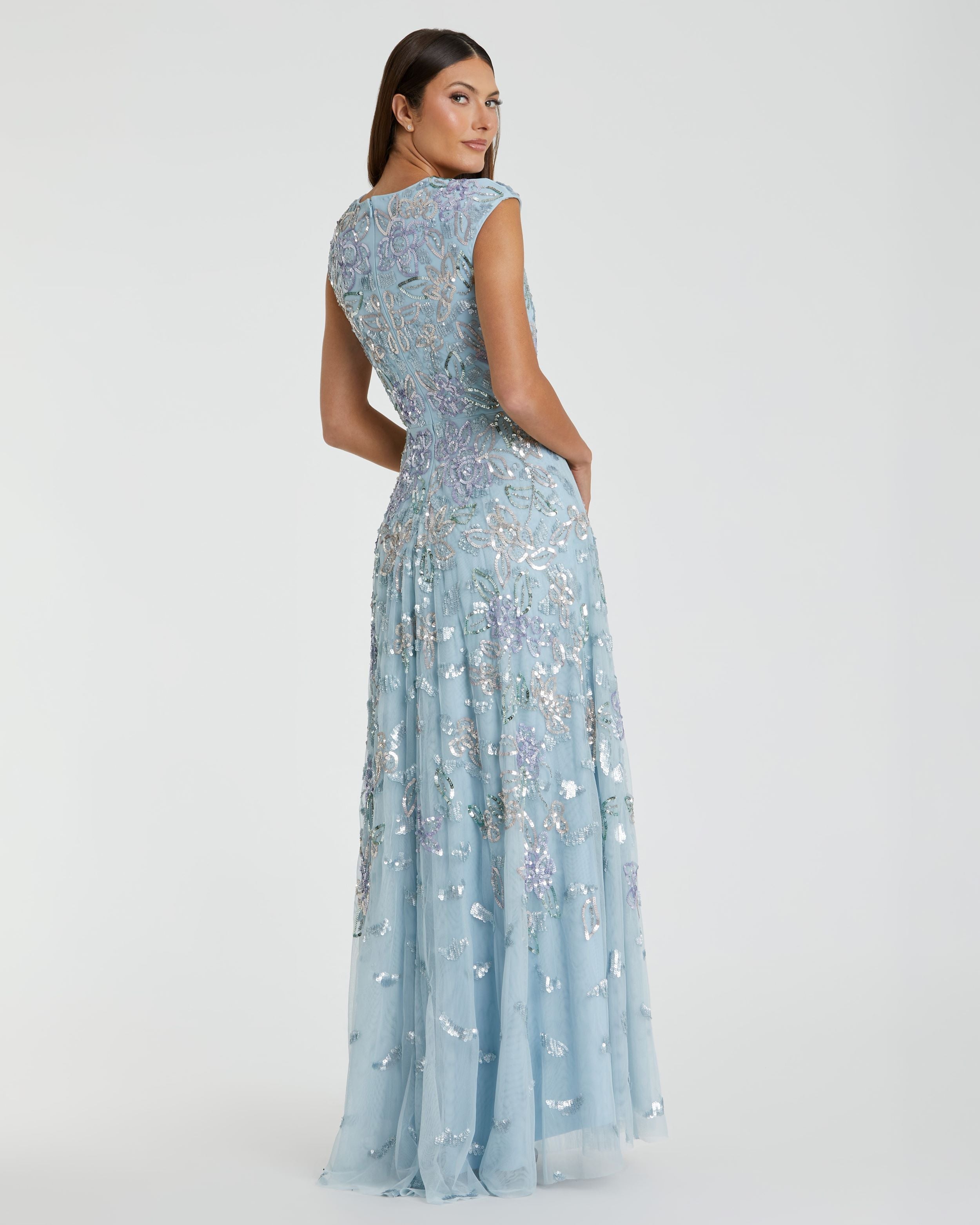 Blue Sequined High Neck Cap Sleeve A Line Gown - Mac Duggal