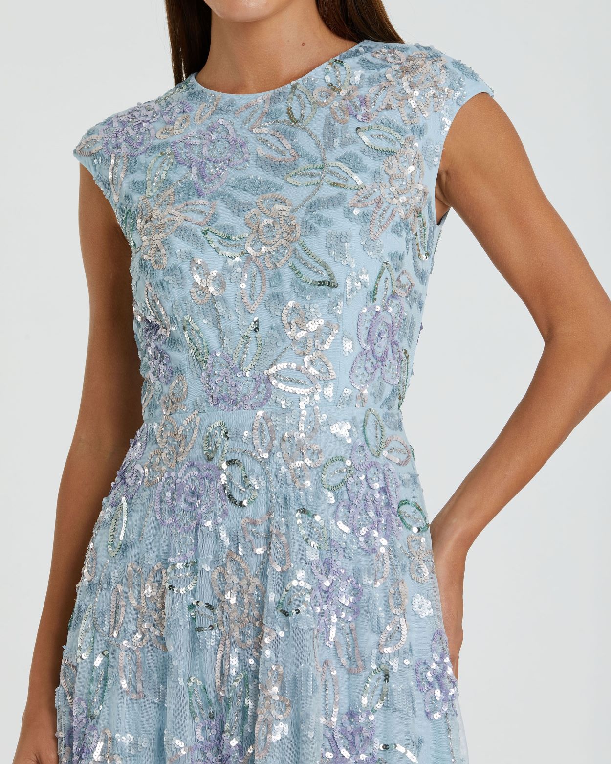 Blue Sequined High Neck Cap Sleeve A Line Gown - Mac Duggal