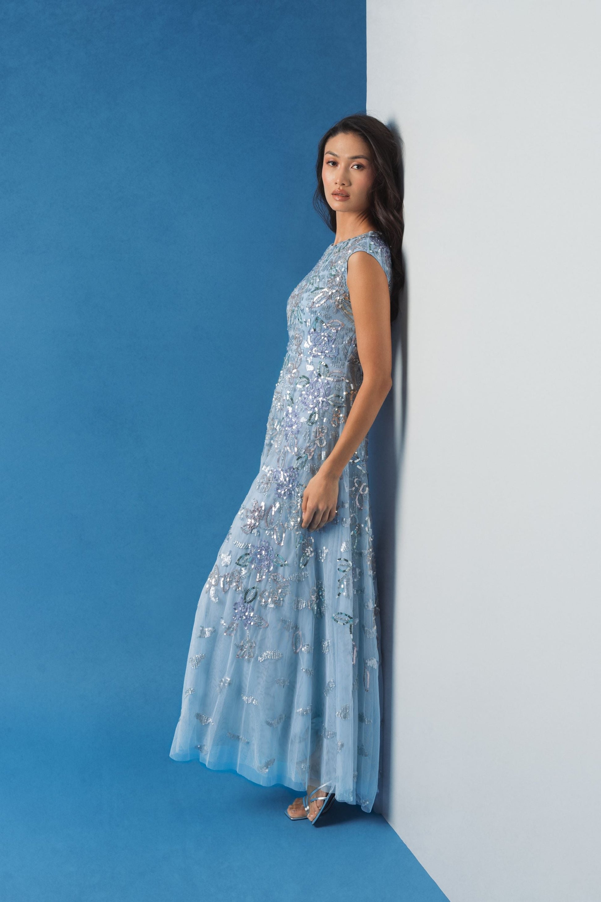 Blue Sequined High Neck Cap Sleeve A Line Gown - Mac Duggal Blue Sequined High Neck Cap Sleeve A Line Gown - Mac Duggal