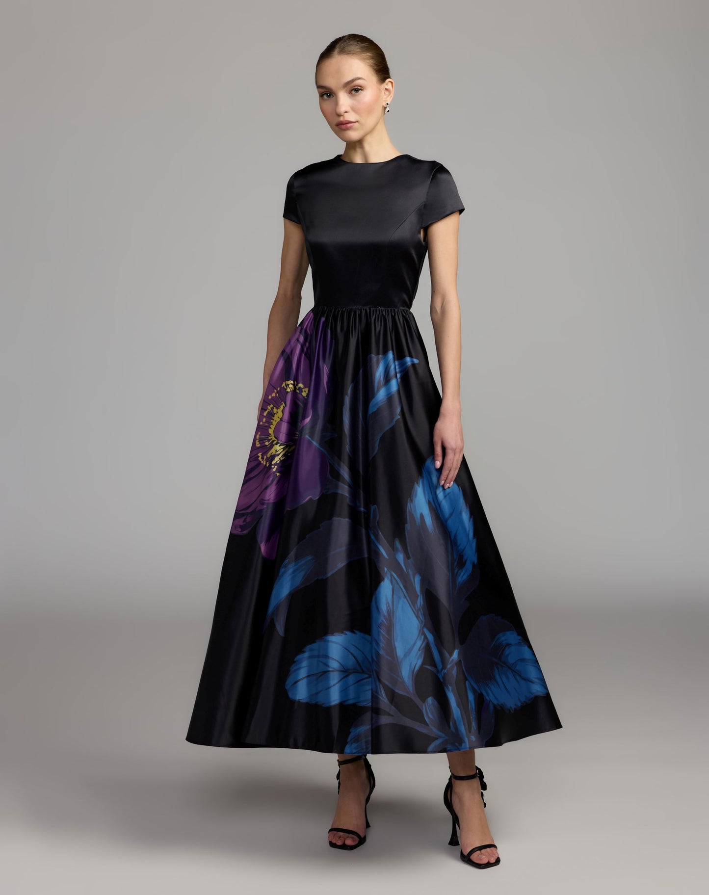 Black Satin Cap Sleeve Floral Printed A-Line Dress - Ieena for Mac Duggal