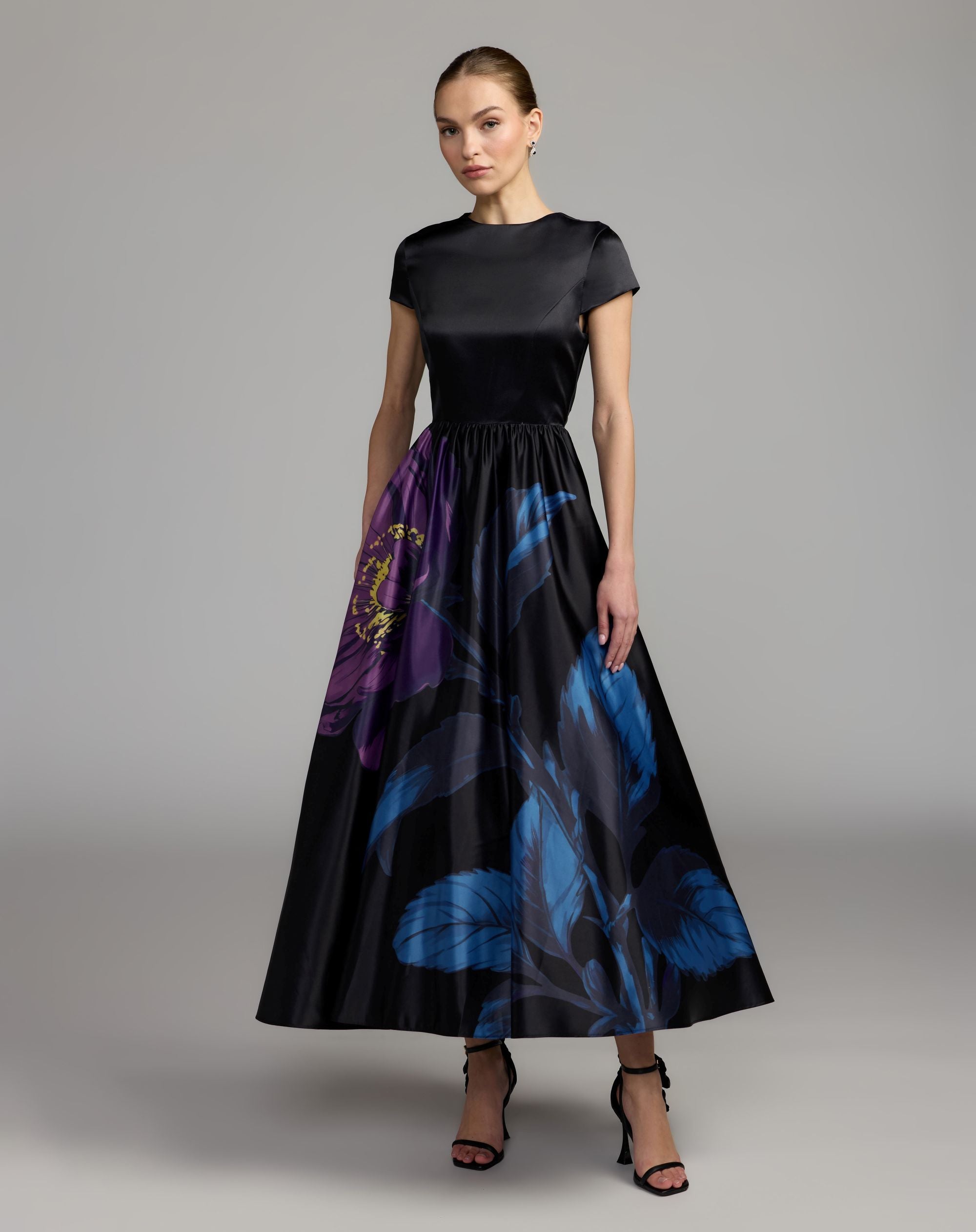 Black Satin Cap Sleeve Floral Printed A-Line Dress - Ieena for Mac Duggal