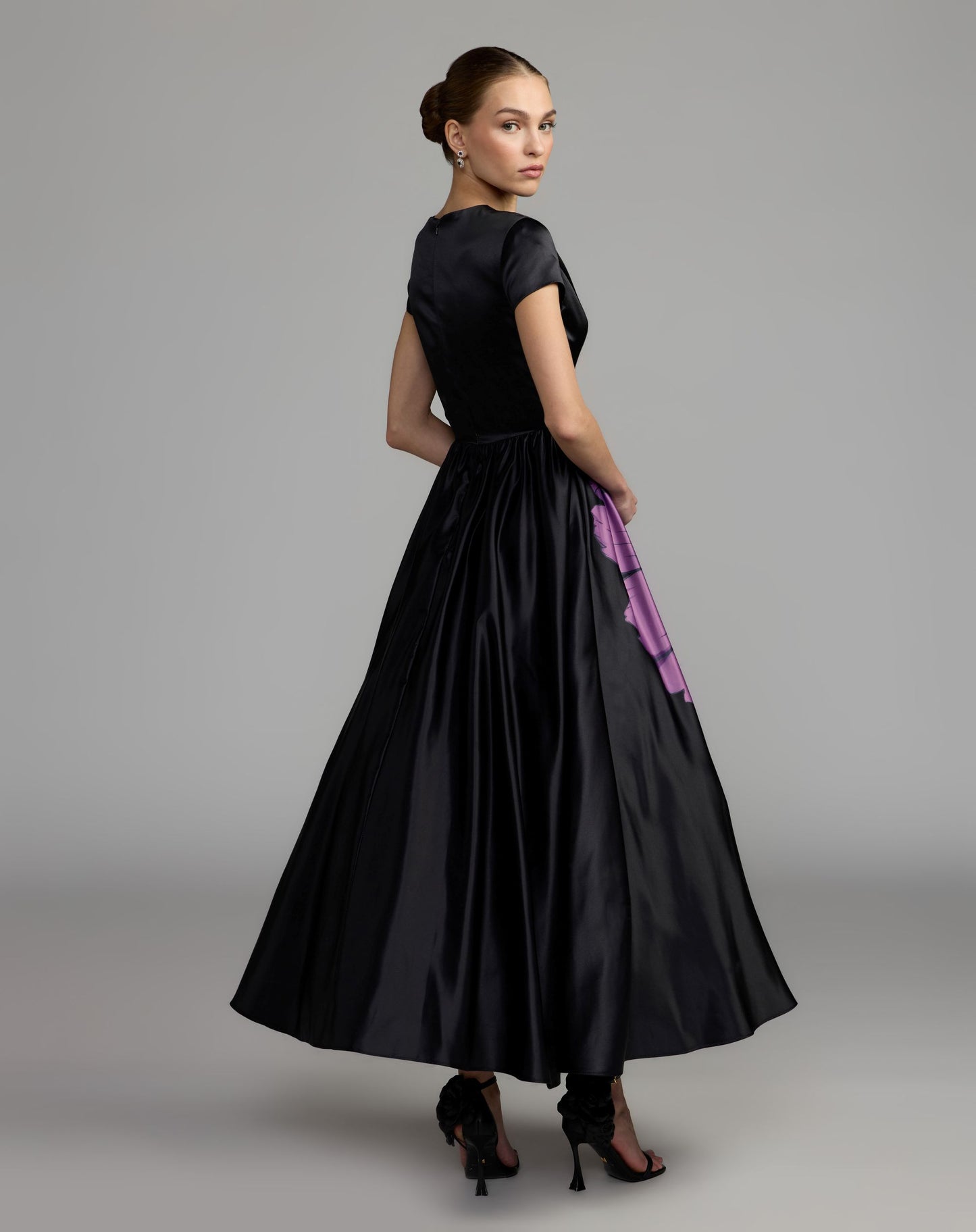 Black Satin Cap Sleeve Floral Printed A-Line Dress - Ieena for Mac Duggal