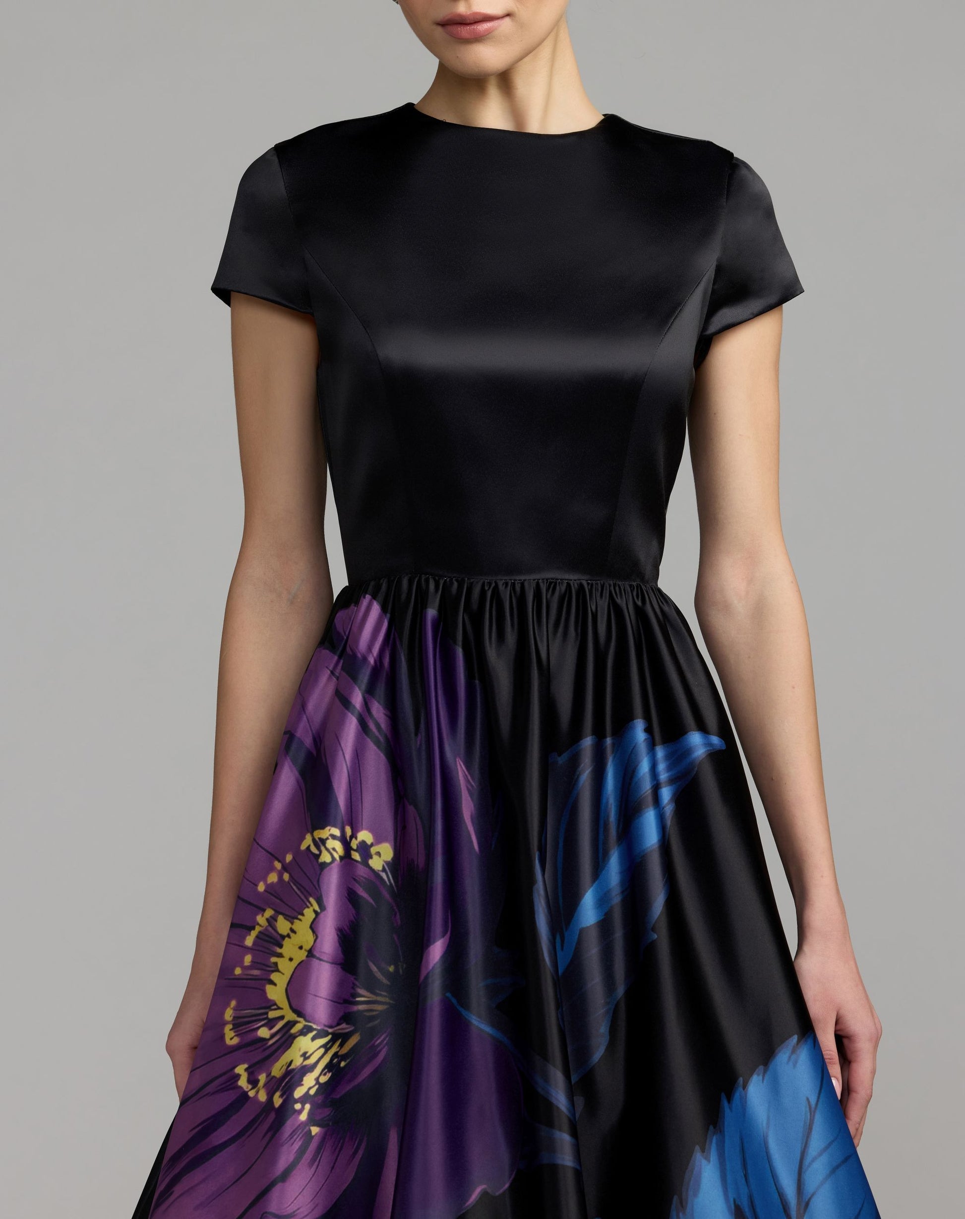 Black Satin Cap Sleeve Floral Printed A-Line Dress - Ieena for Mac Duggal