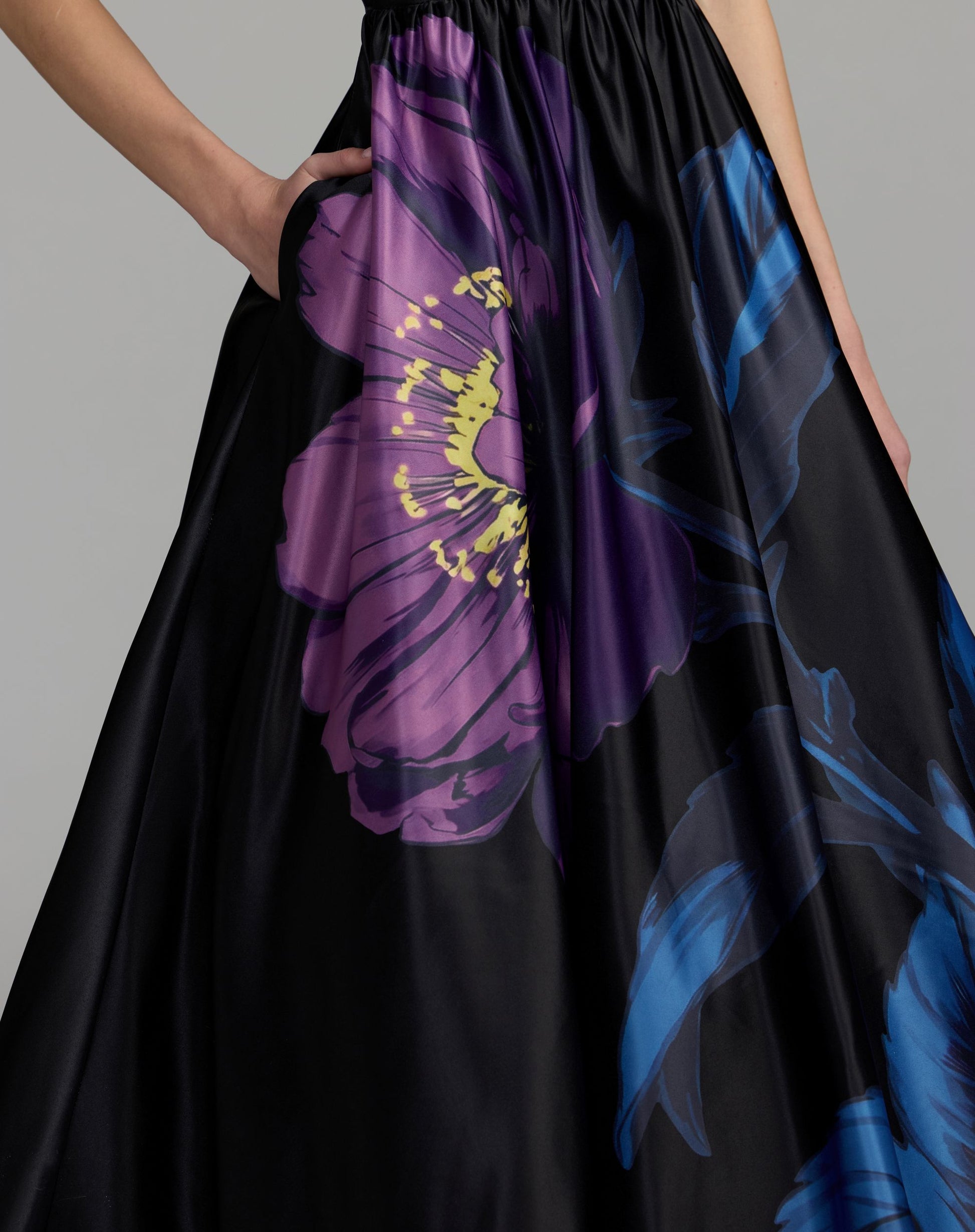 Black Satin Cap Sleeve Floral Printed A-Line Dress - Ieena for Mac Duggal