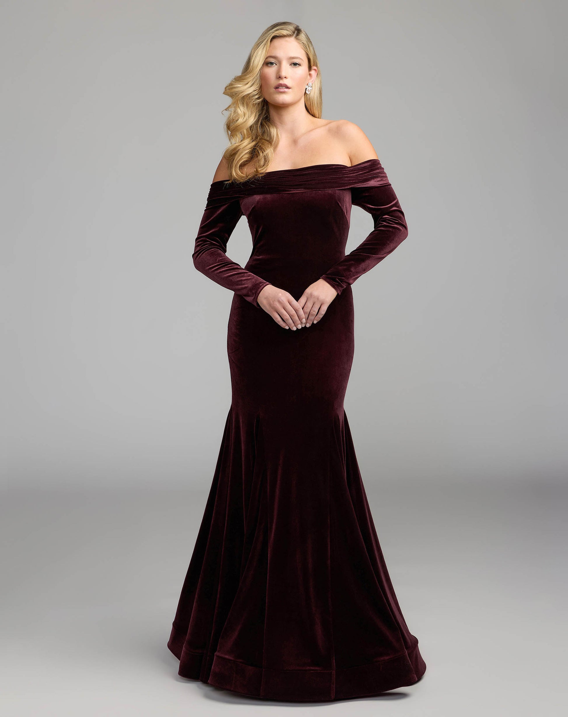 Burgundy Off The Shoulder Velvet Mermaid Gown Ieena for Mac Duggal