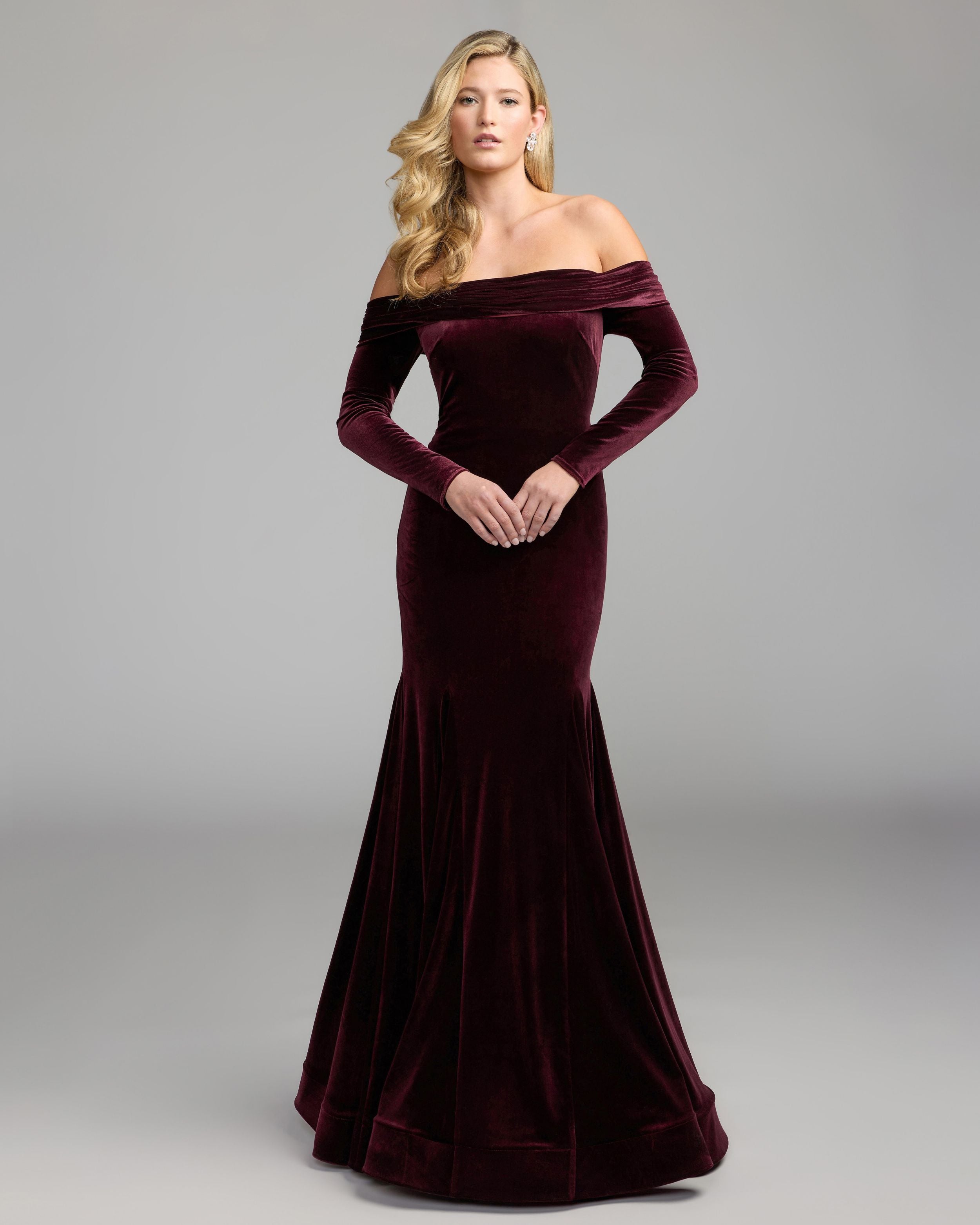 Burgundy Off The Shoulder Velvet Mermaid Gown Ieena for Mac Duggal