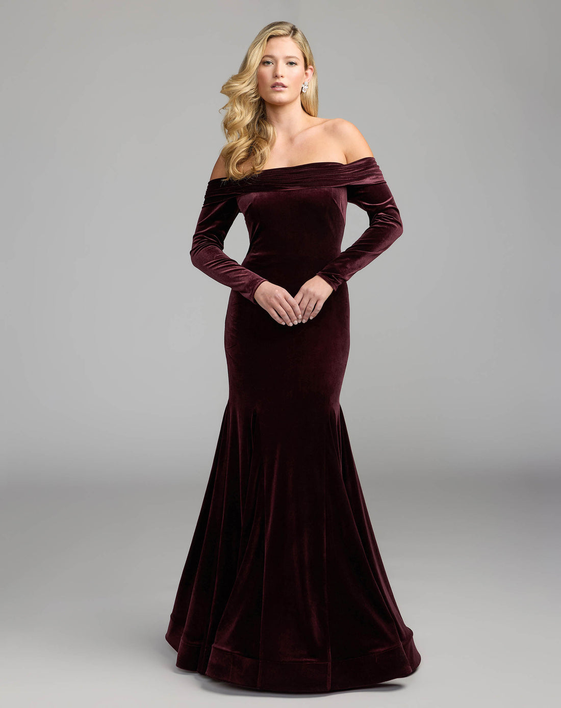 Burgundy Off The Shoulder Velvet Mermaid Gown Ieena for Mac Duggal