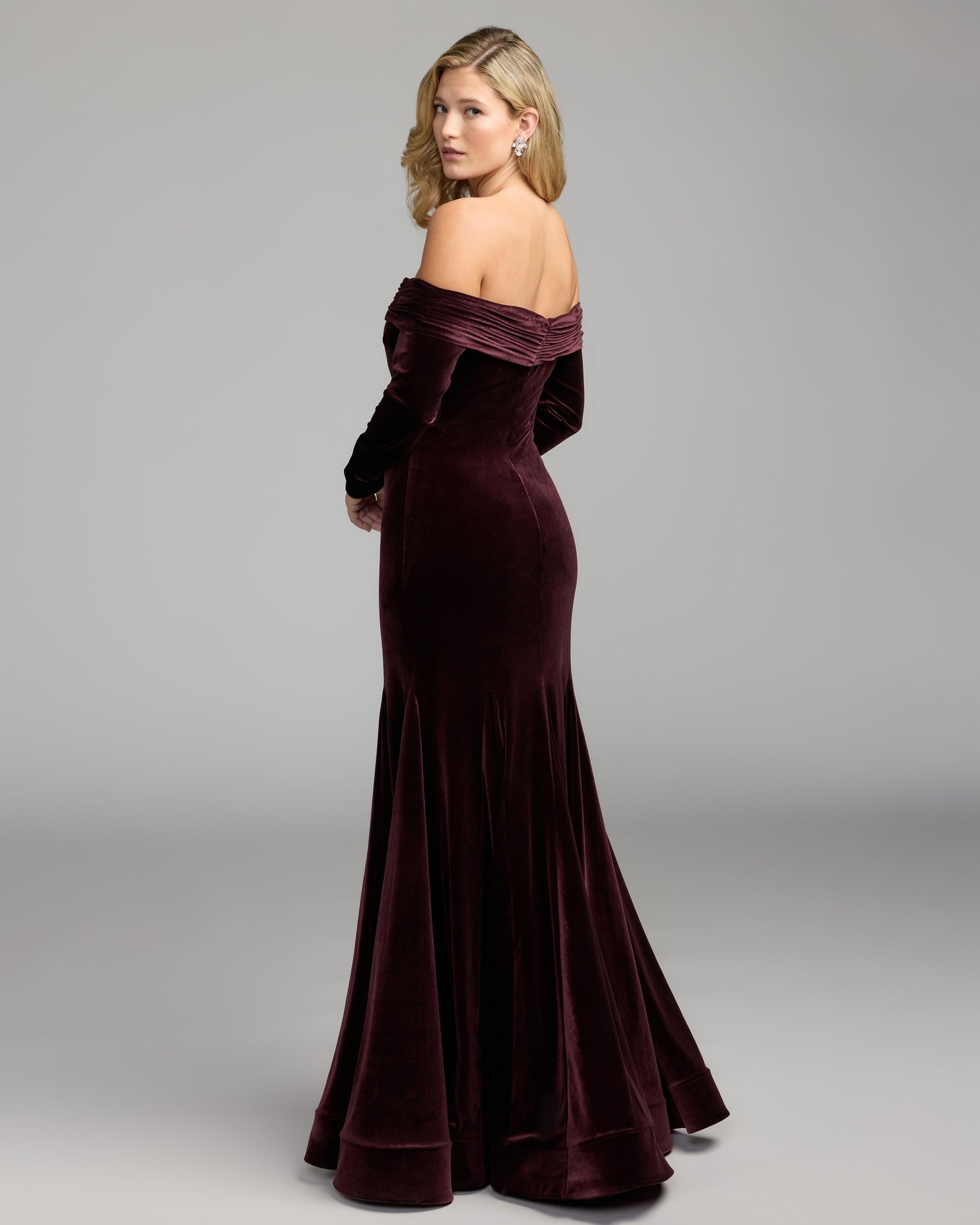 Burgundy Off The Shoulder Velvet Mermaid Gown Ieena for Mac Duggal