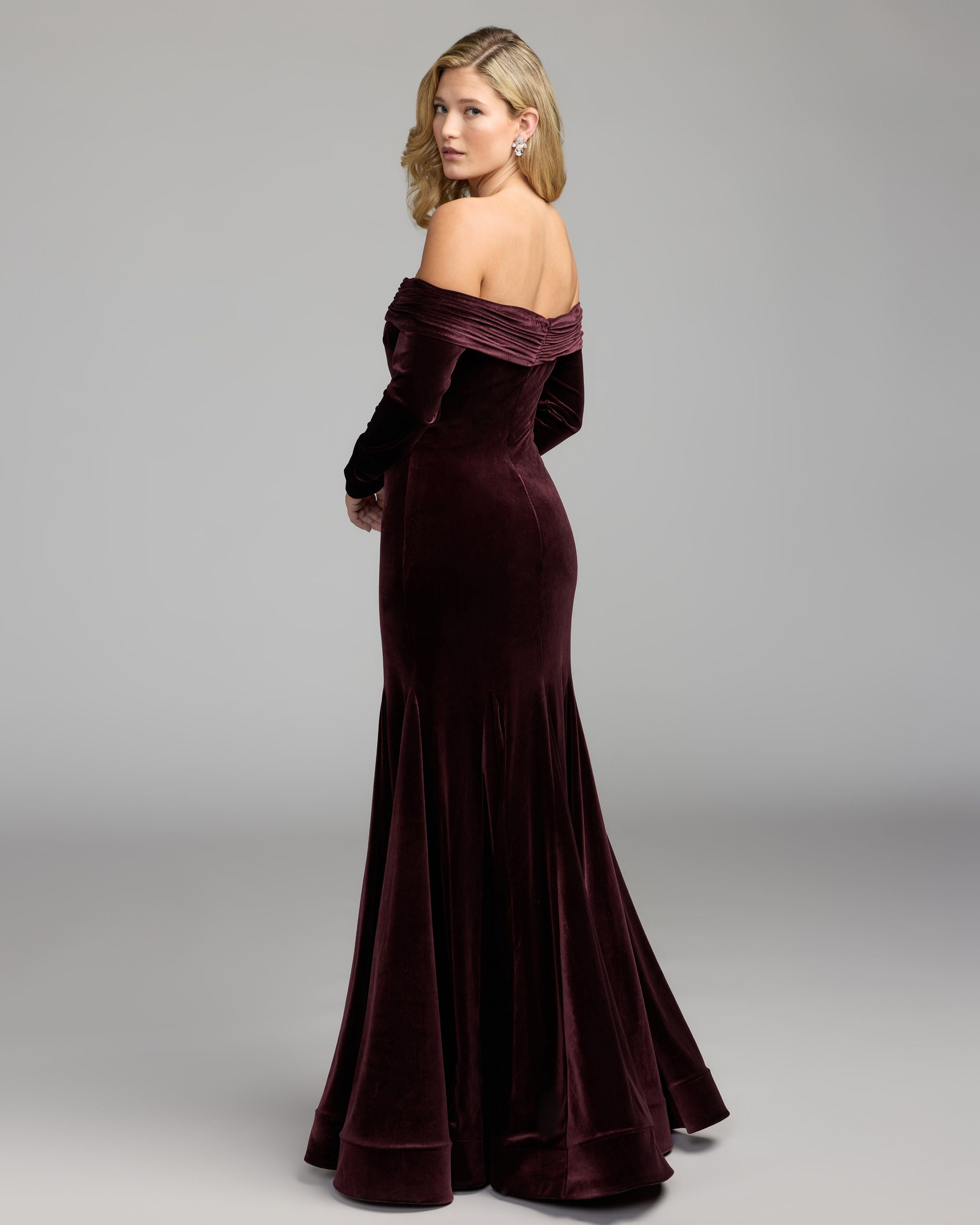 Burgundy Off The Shoulder Velvet Mermaid Gown Ieena for Mac Duggal