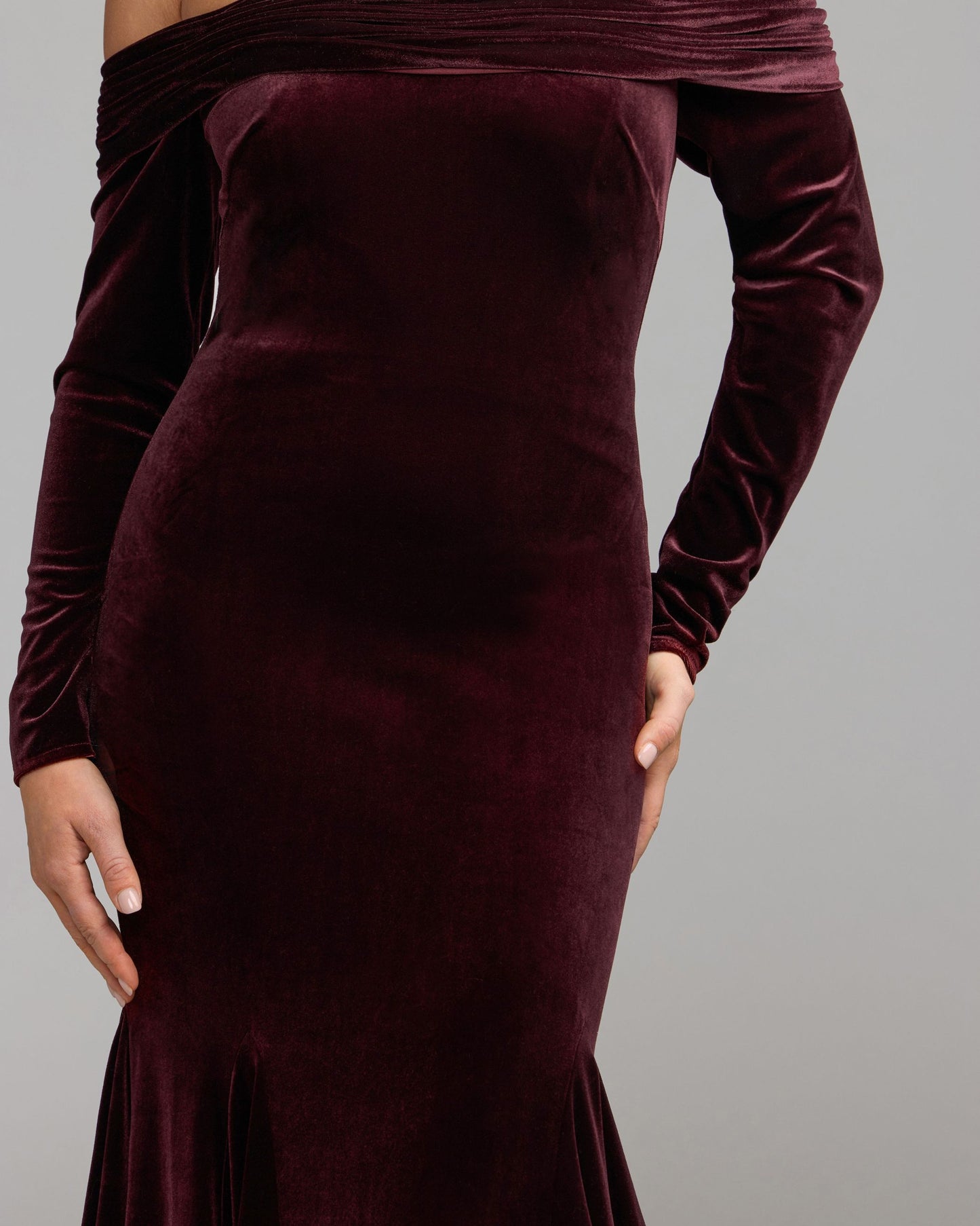 Burgundy Off The Shoulder Velvet Mermaid Gown Ieena for Mac Duggal