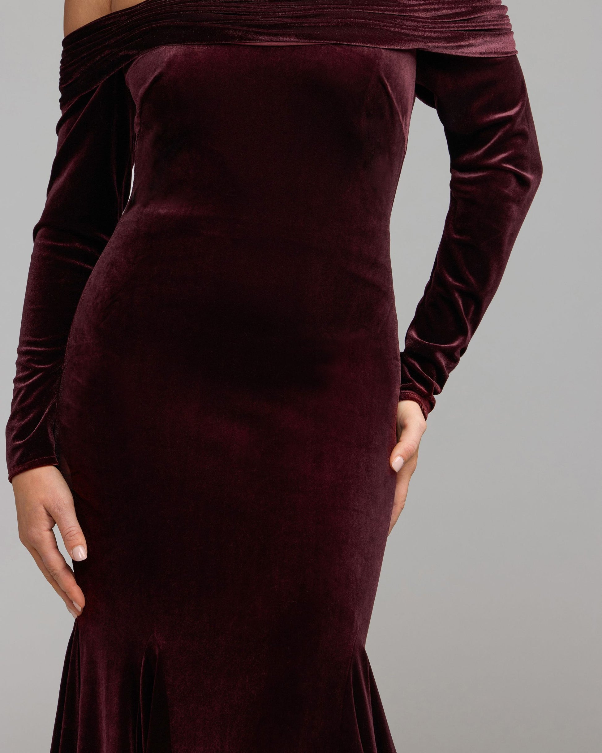 Burgundy Off The Shoulder Velvet Mermaid Gown Ieena for Mac Duggal