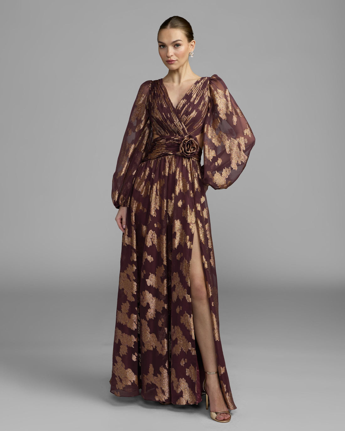 Wine Metallic Burnout Rosette A-Line Gown - Ieena for Mac Duggal