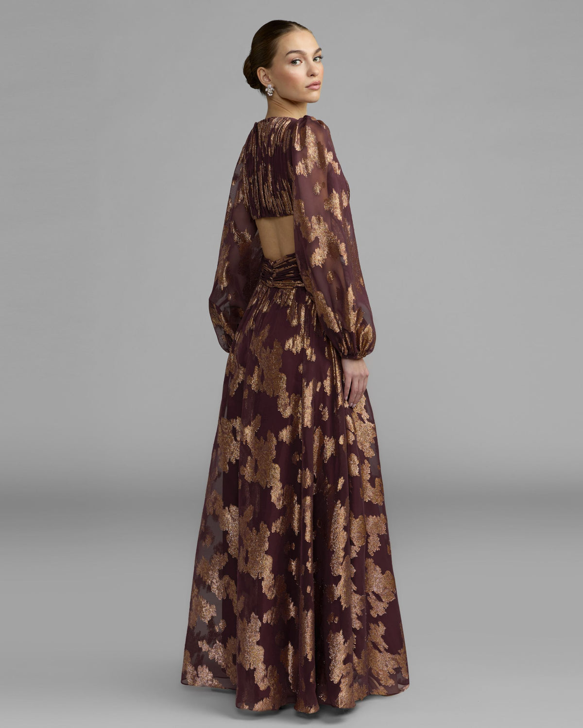 Wine Metallic Burnout Rosette A-Line Gown - Ieena for Mac Duggal