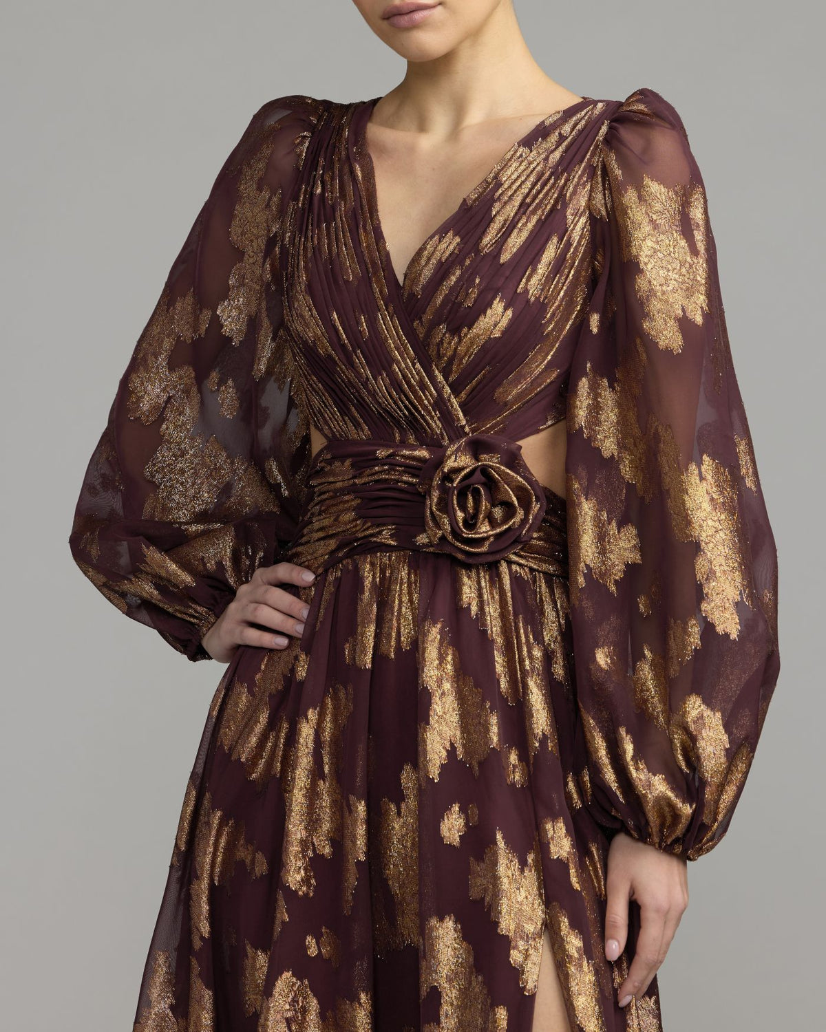 Wine Metallic Burnout Rosette A-Line Gown - Ieena for Mac Duggal