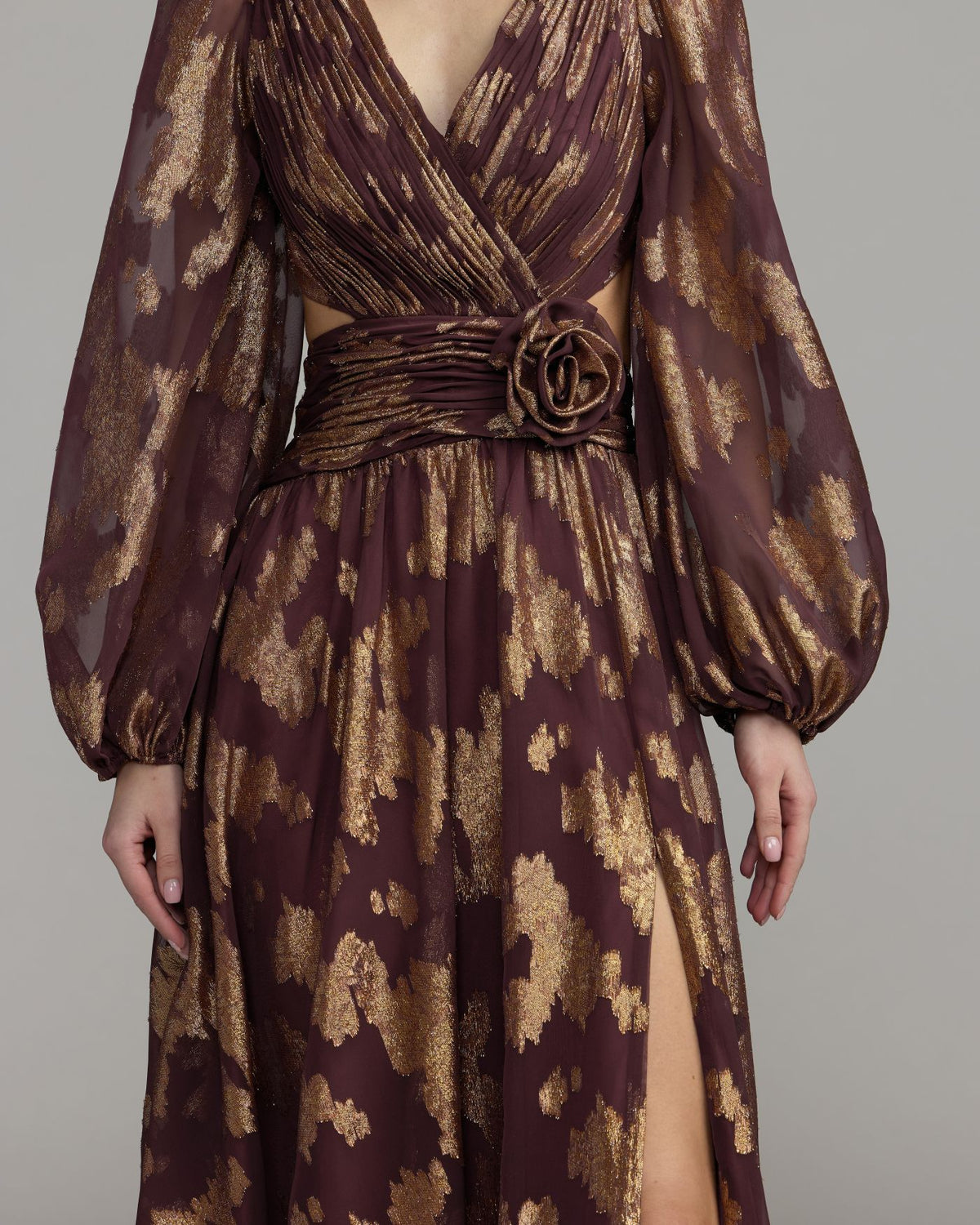 Wine Metallic Burnout Rosette A-Line Gown - Ieena for Mac Duggal