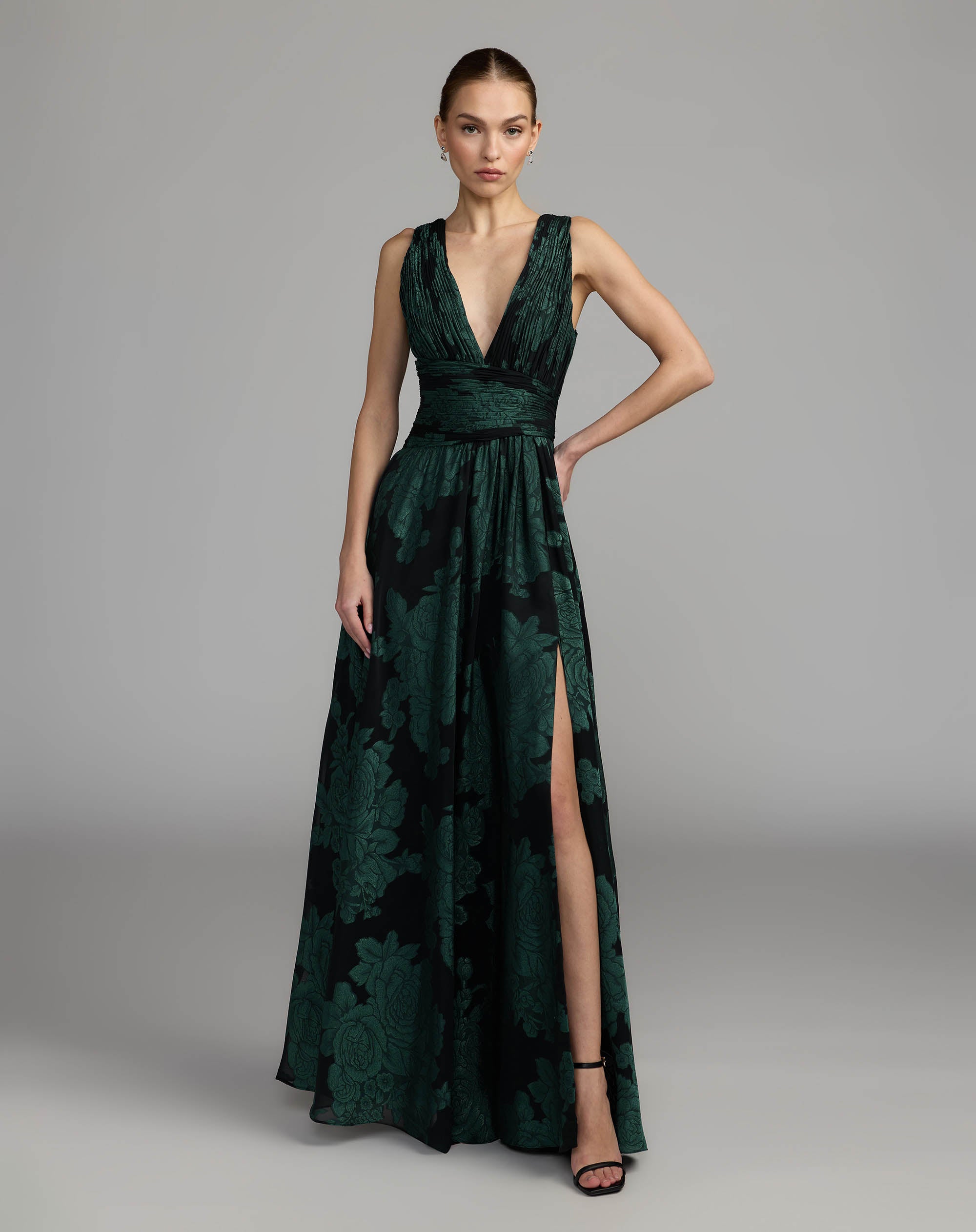 Emerald Floral Sleeveless Plunge Neck Gown Ieena for Mac Duggal