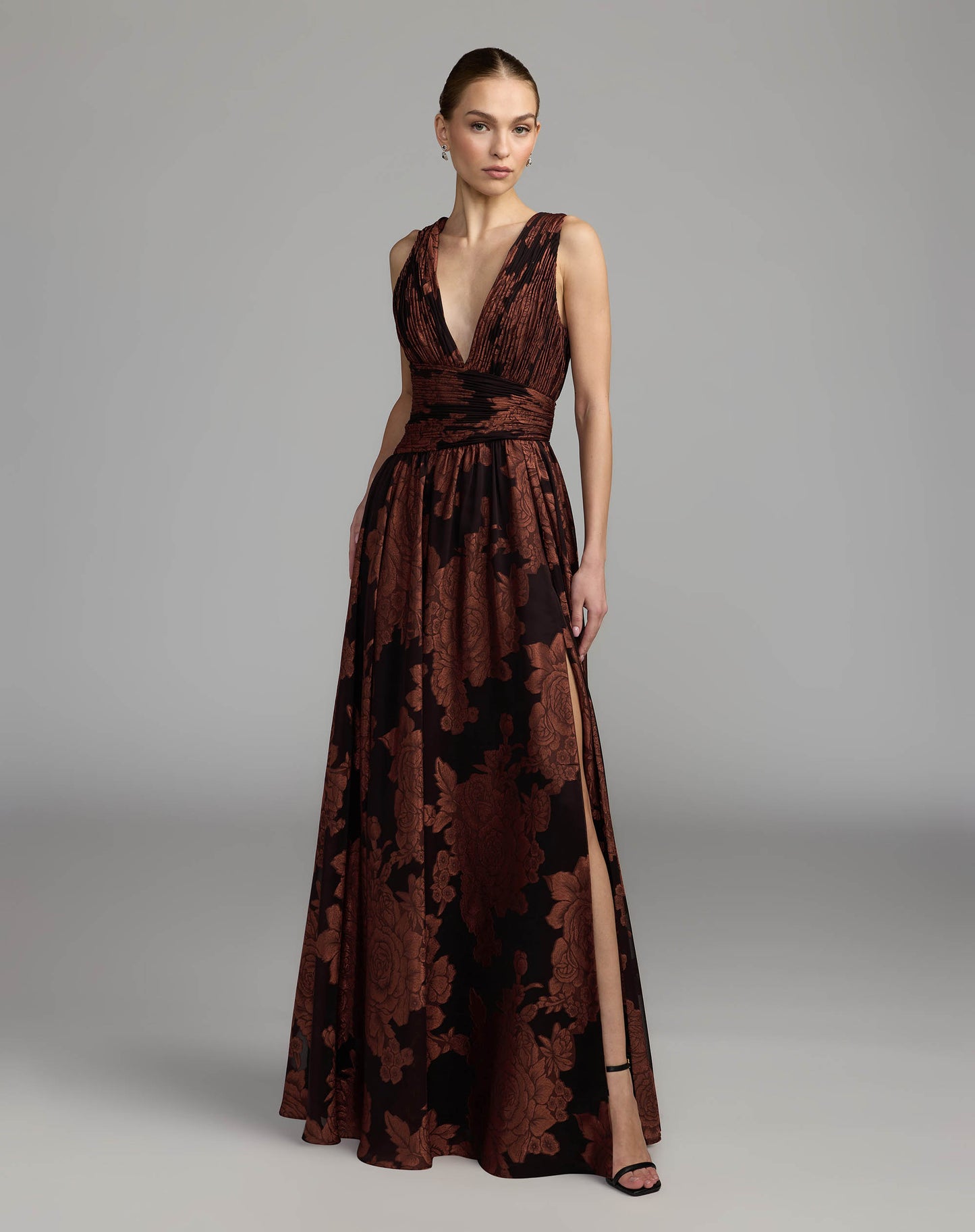 Brown Floral Sleeveless Plunge Neck Gown Ieena for Mac Duggal
