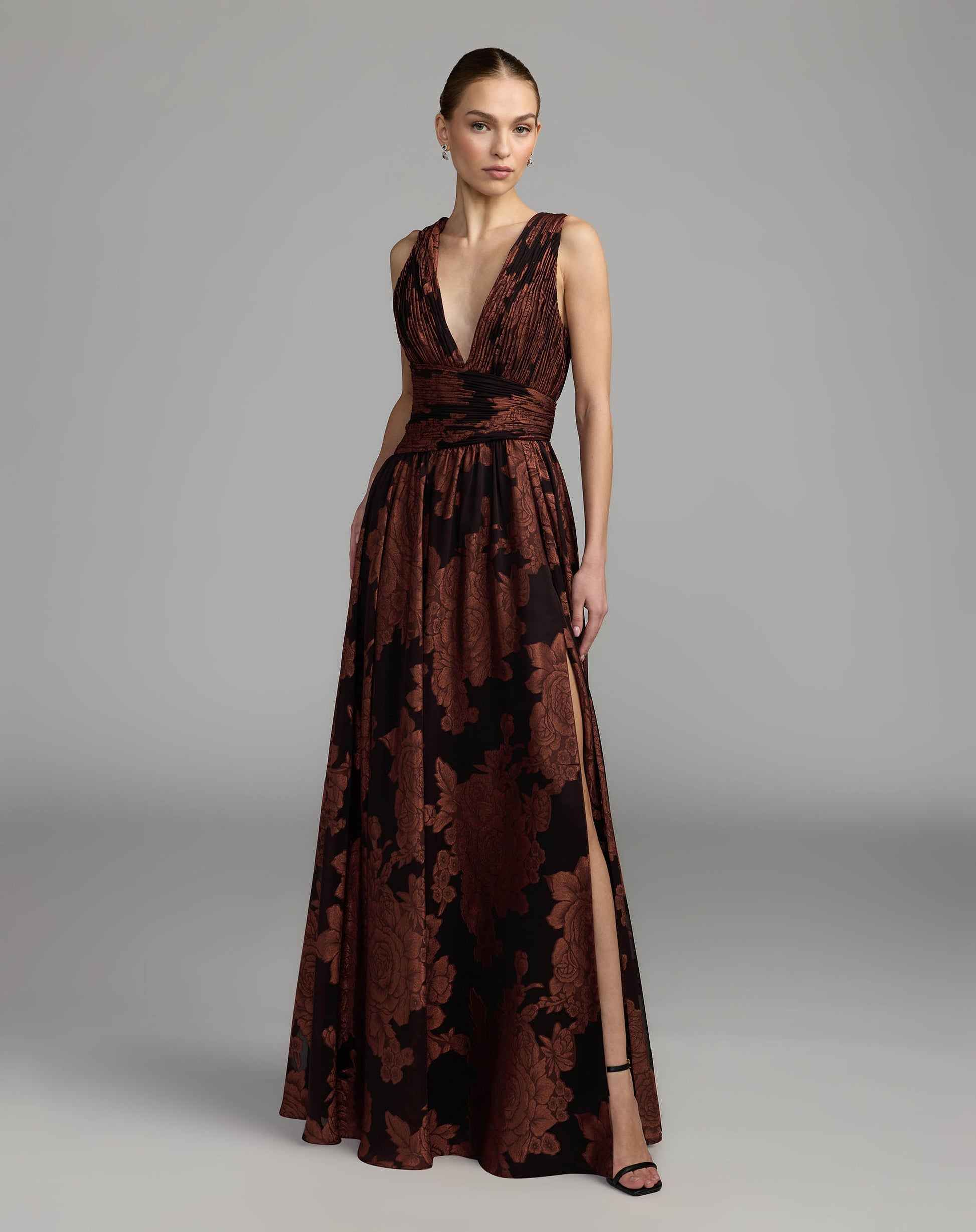 Brown Floral Sleeveless Plunge Neck Gown Ieena for Mac Duggal