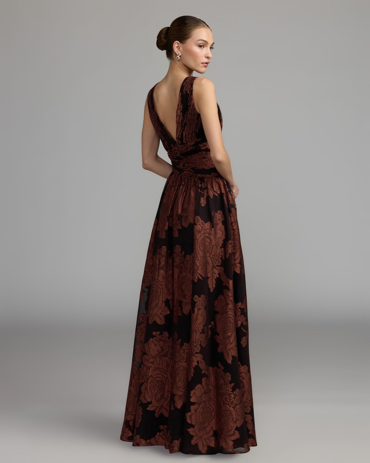Brown Floral Sleeveless Plunge Neck Gown Ieena for Mac Duggal
