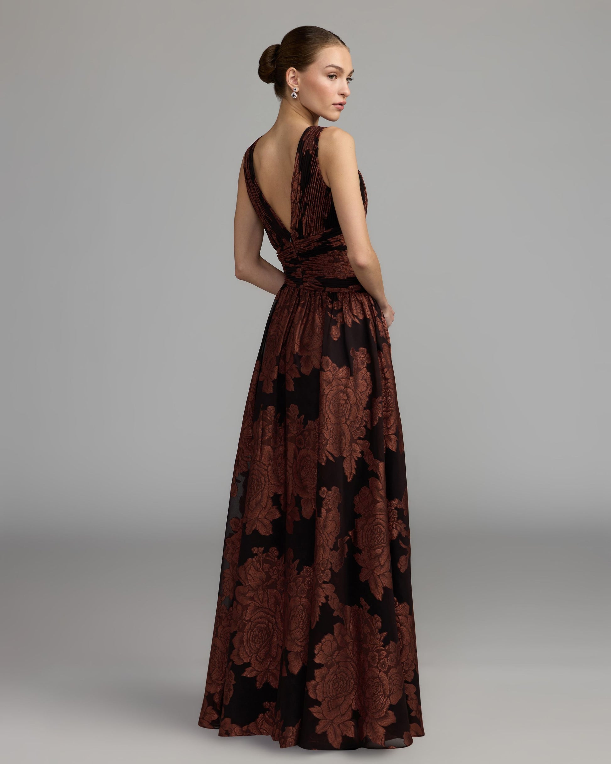 Brown Floral Sleeveless Plunge Neck Gown Ieena for Mac Duggal
