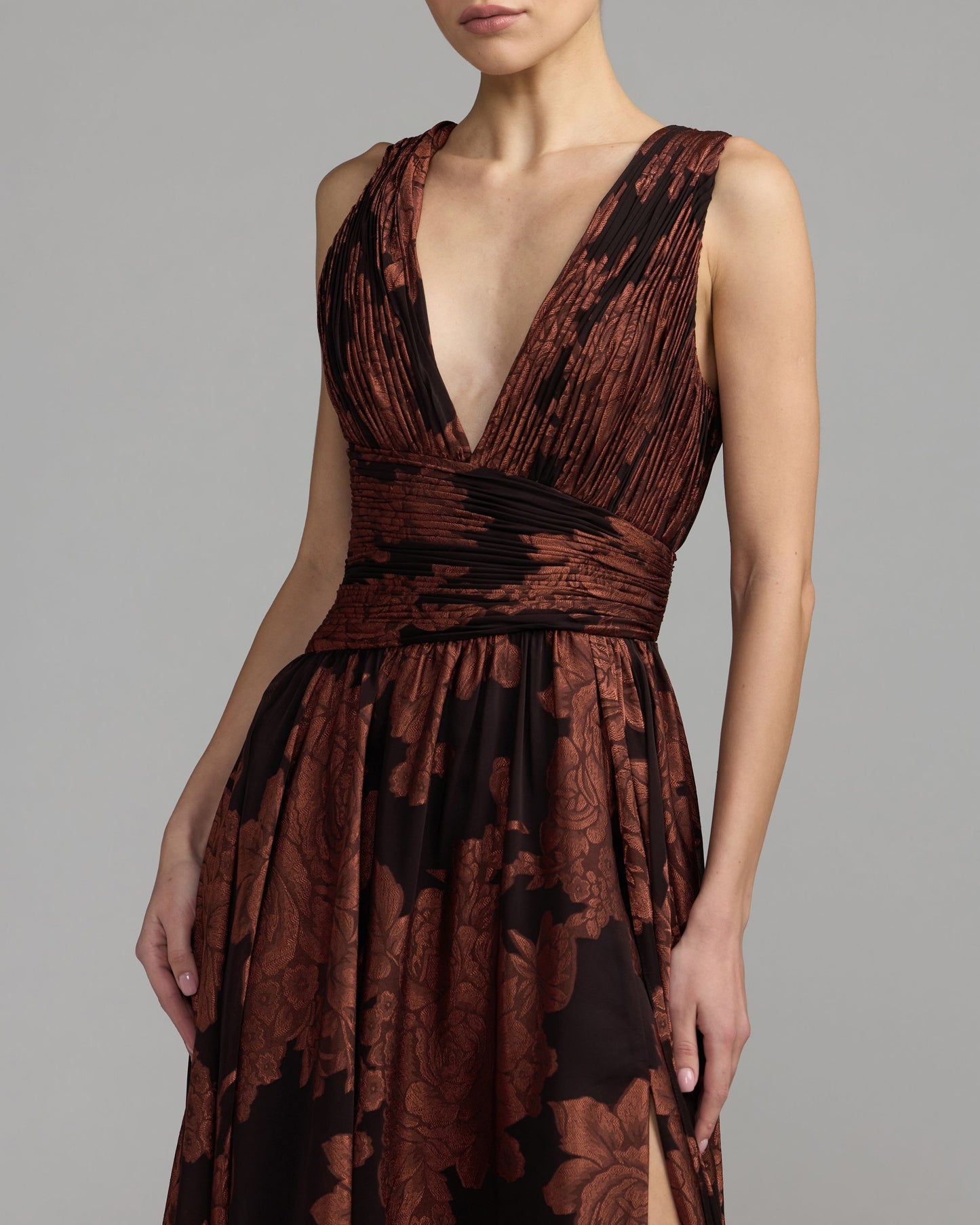 Brown Floral Sleeveless Plunge Neck Gown Ieena for Mac Duggal