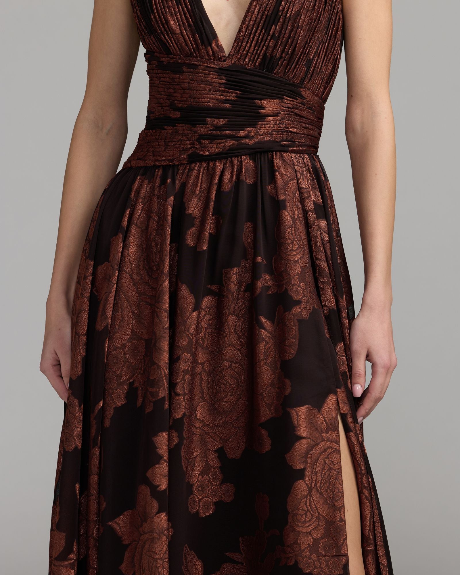 Brown Floral Sleeveless Plunge Neck Gown Ieena for Mac Duggal