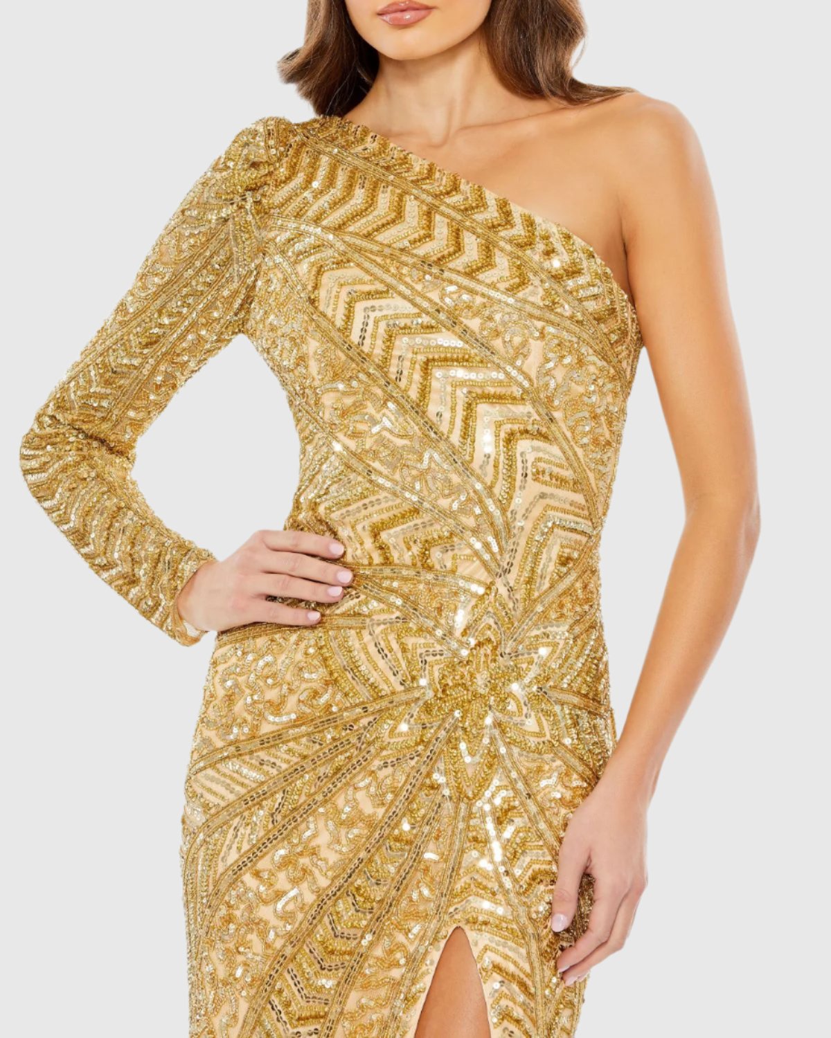 Embellished Illusion One Sleeve Gown