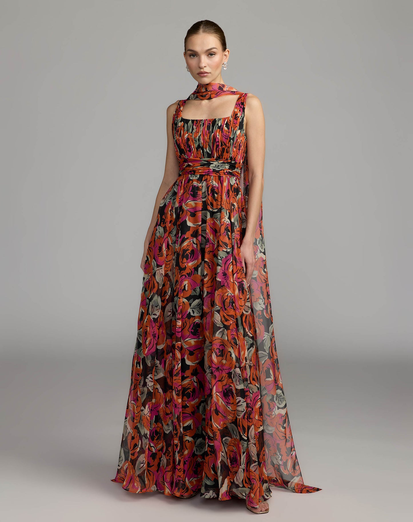 Orange Multicolor Floral Chiffon Gown With Scarf Mac Duggal