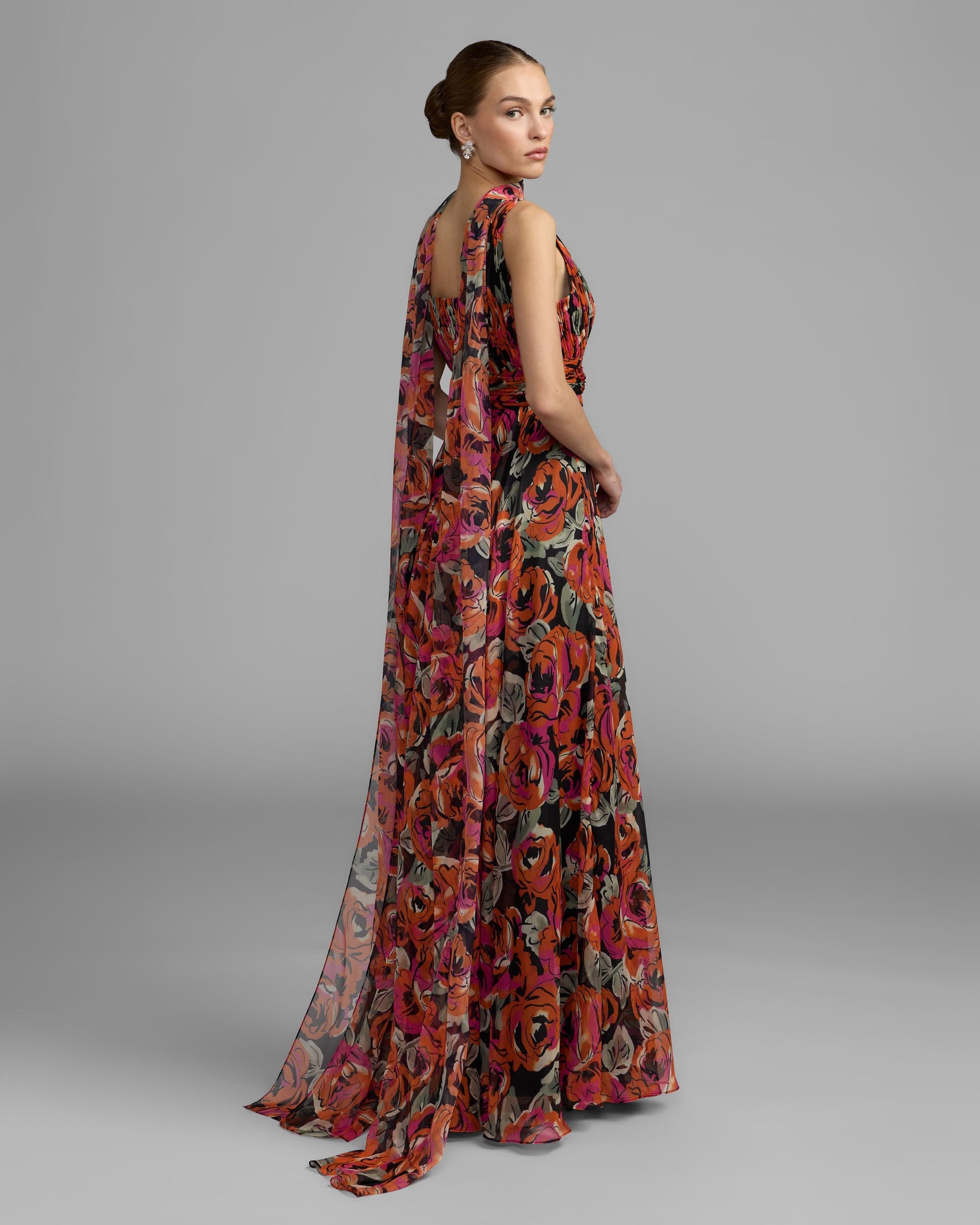 Orange Multicolor Floral Chiffon Gown With Scarf Mac Duggal