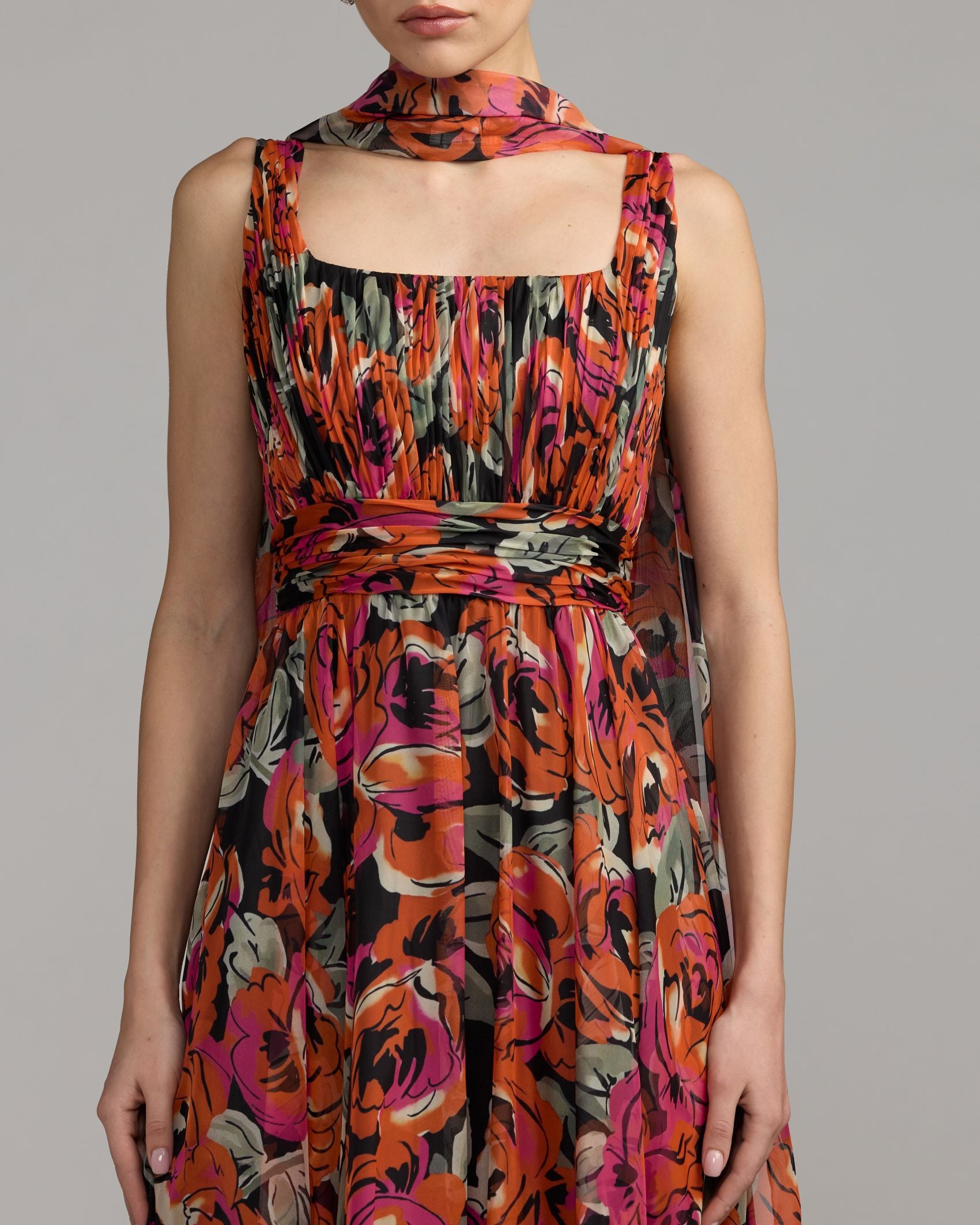 Orange Multicolor Floral Chiffon Gown With Scarf Mac Duggal