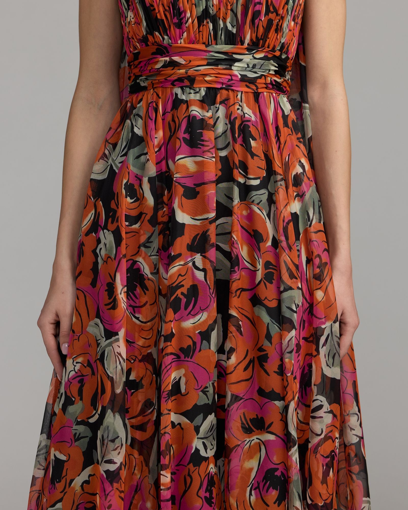 Orange Multicolor Floral Chiffon Gown With Scarf Mac Duggal