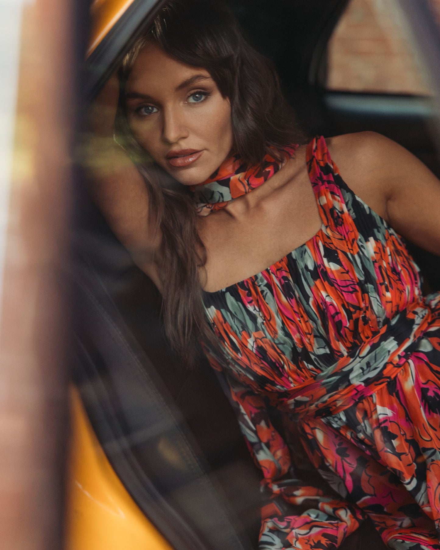 Orange Multicolor Floral Chiffon Gown With Scarf Mac Duggal